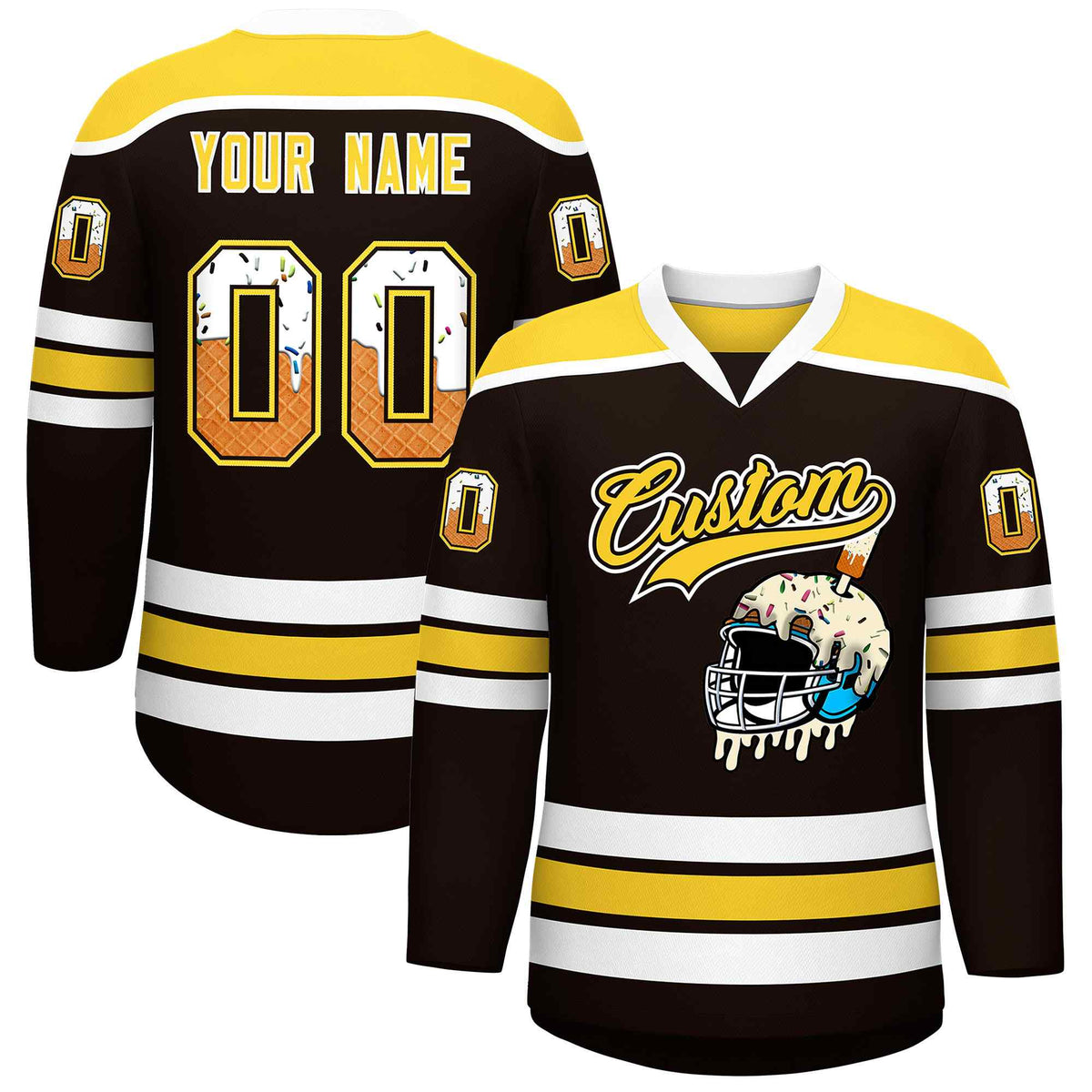 Custom Brown Gold Ice Cream Helmet Pattern Personalized V-Neck Hockey Jersey