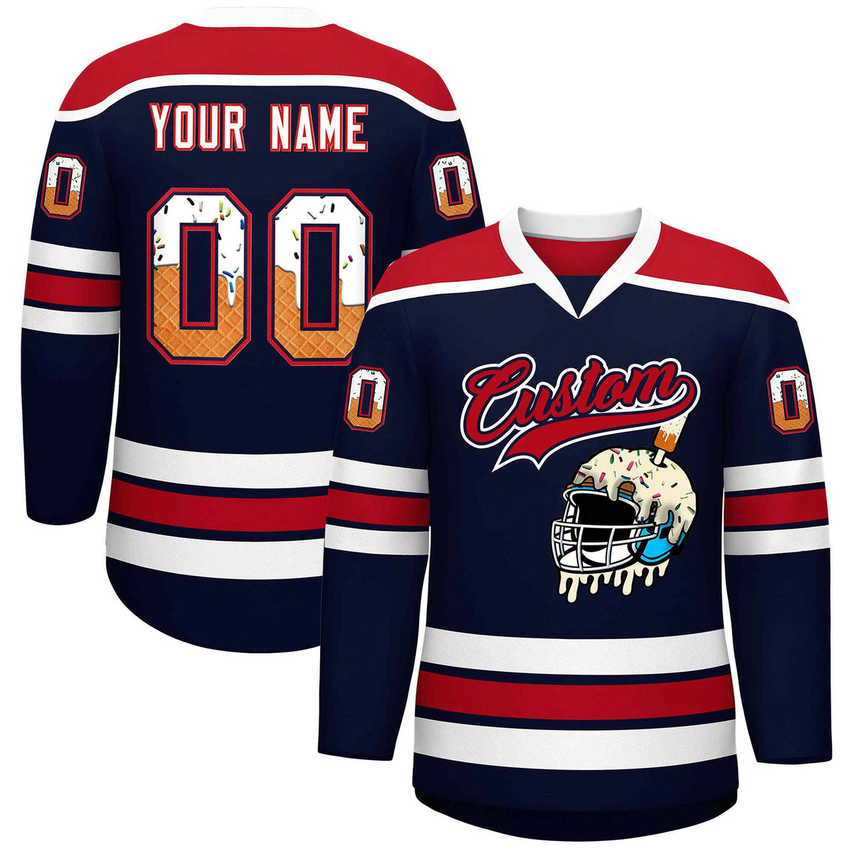 Custom Navy Red Ice Cream Helmet Pattern Personalized V-Neck Hockey Jersey