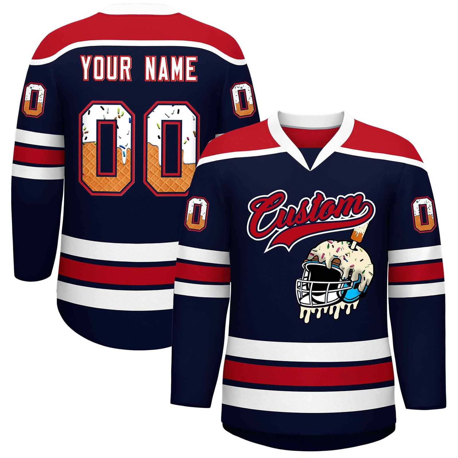 Custom Navy Red Ice Cream Helmet Pattern Personalized V-Neck Hockey Jersey