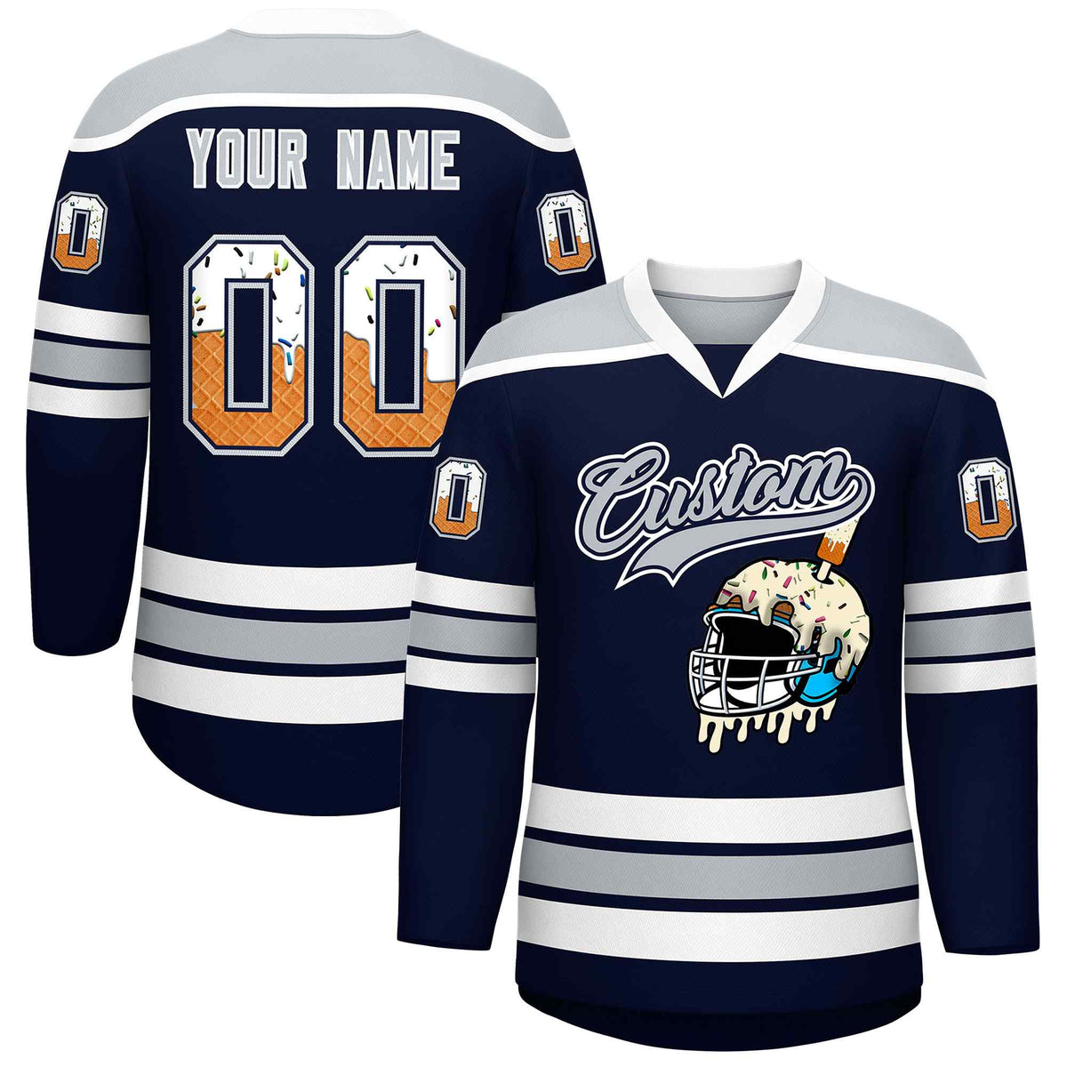 Custom Navy Silver Ice Cream Helmet Pattern Personalized V-Neck Hockey Jersey