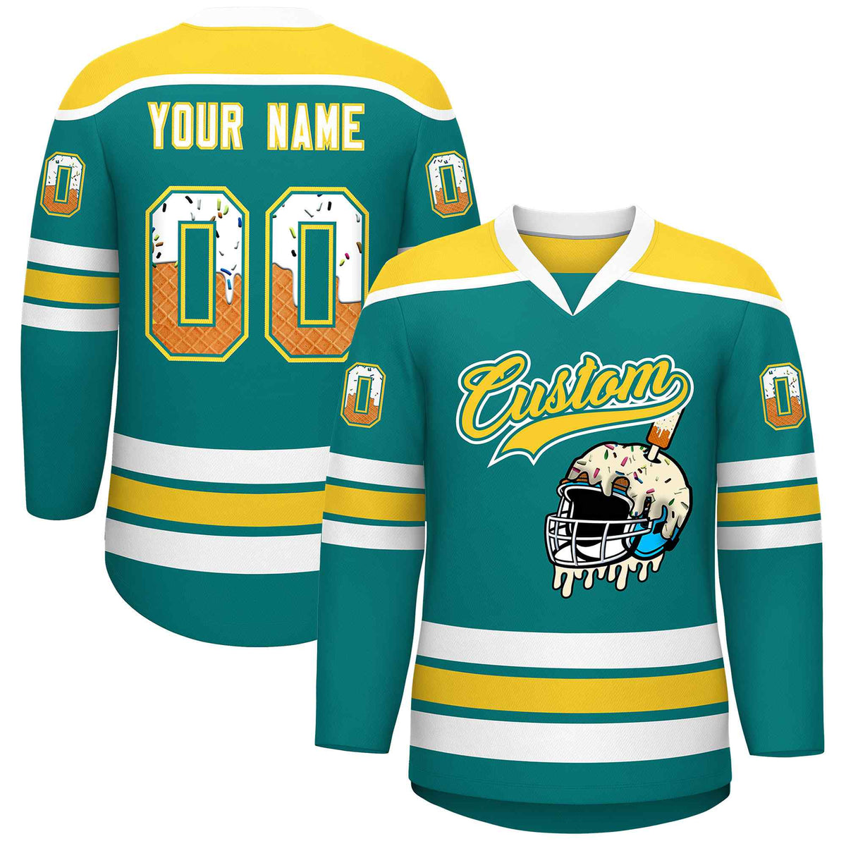 Custom Teal Gold Ice Cream Helmet Pattern Personalized V-Neck Hockey Jersey