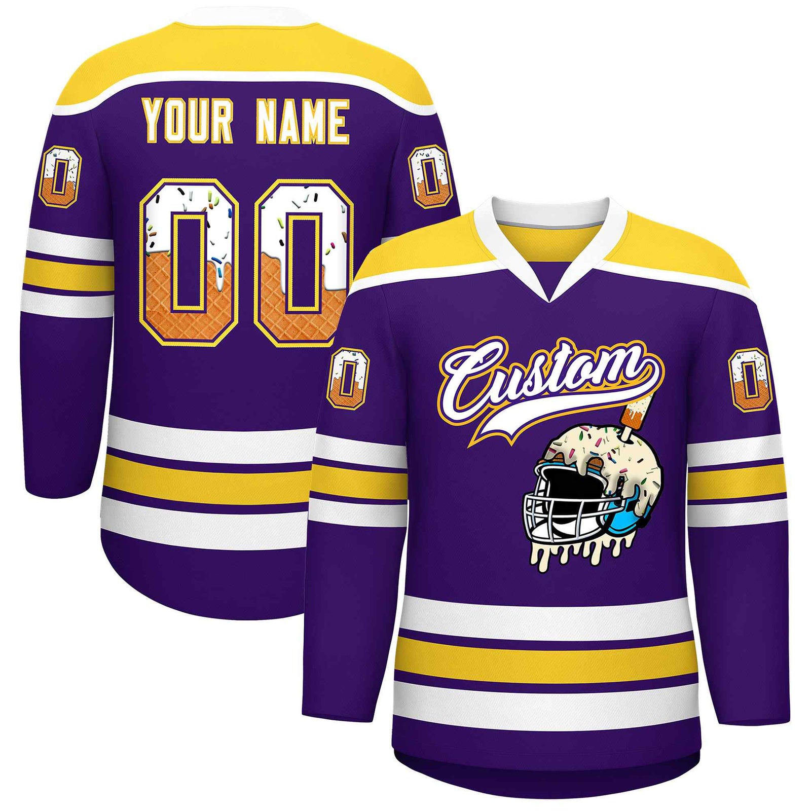 Custom Purple Gold Ice Cream Helmet Pattern Personalized V-Neck Hockey Jersey