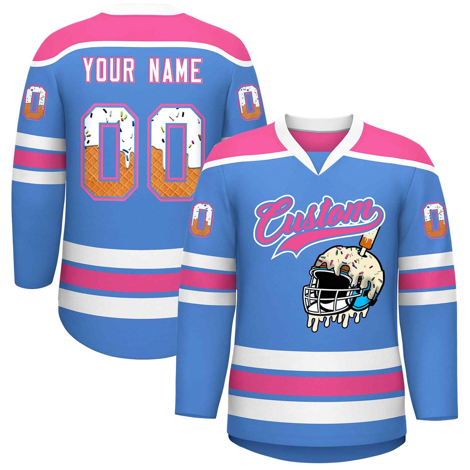 Custom Powder Blue Pink Ice Cream Helmet Pattern Personalized V-Neck Hockey Jersey