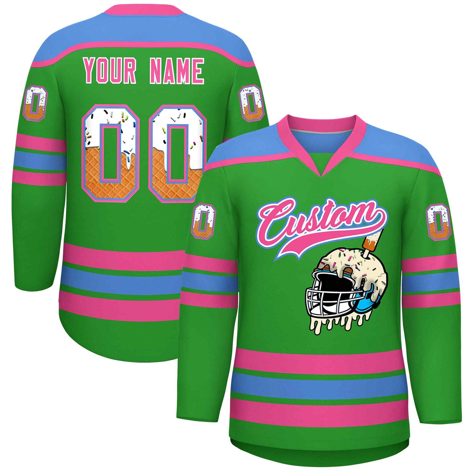 Custom Light Green Powder Blue Ice Cream Helmet Pattern Personalized V-Neck Hockey Jersey