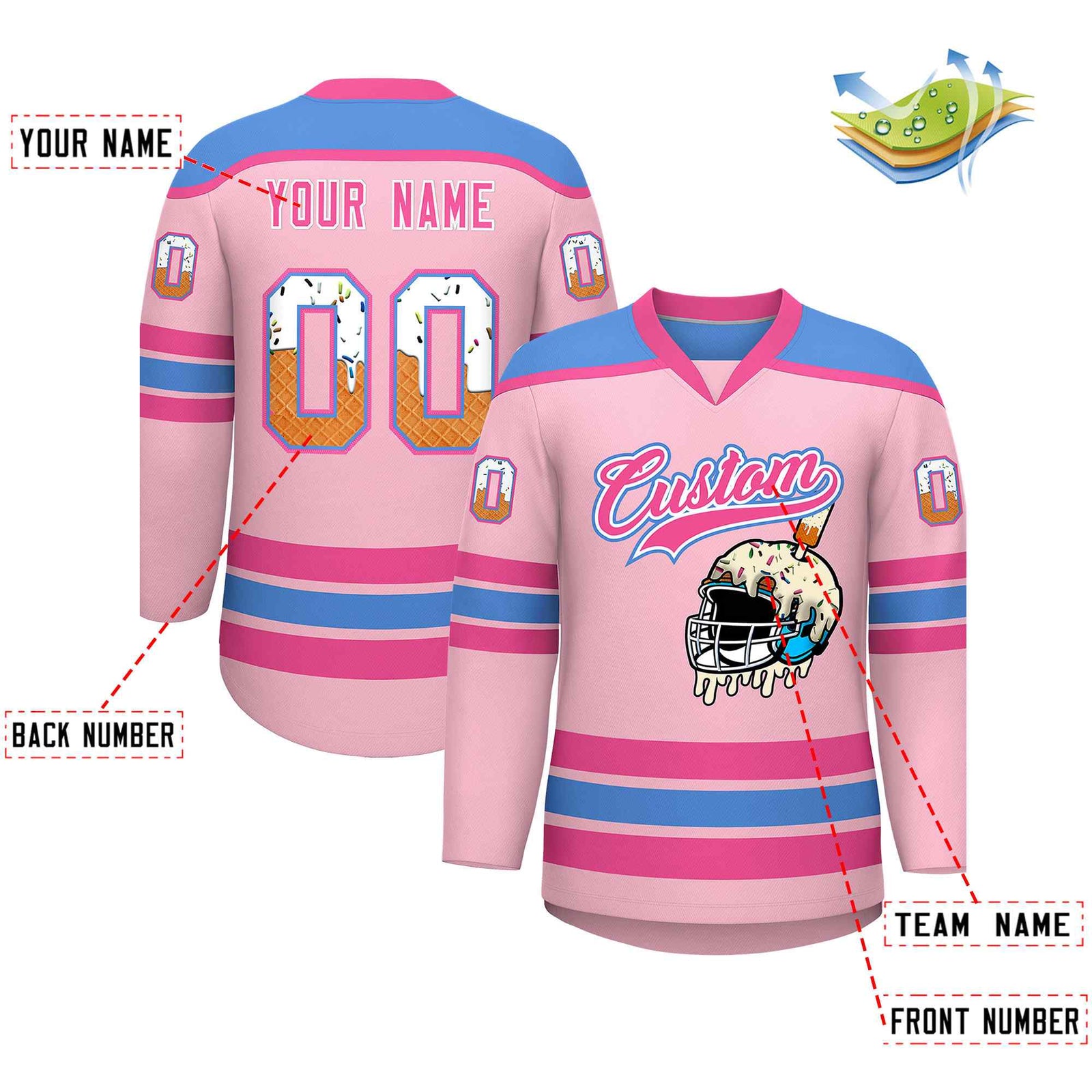 Custom Light Pink Powder Blue Ice Cream Helmet Pattern Personalized V-Neck Hockey Jersey