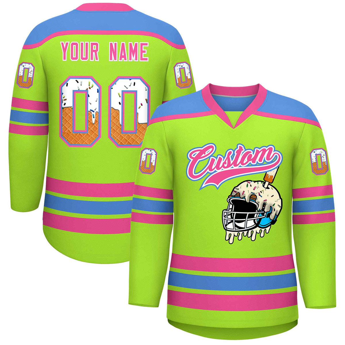 Custom Neon Green Powder Blue Ice Cream Helmet Pattern Personalized V-Neck Hockey Jersey