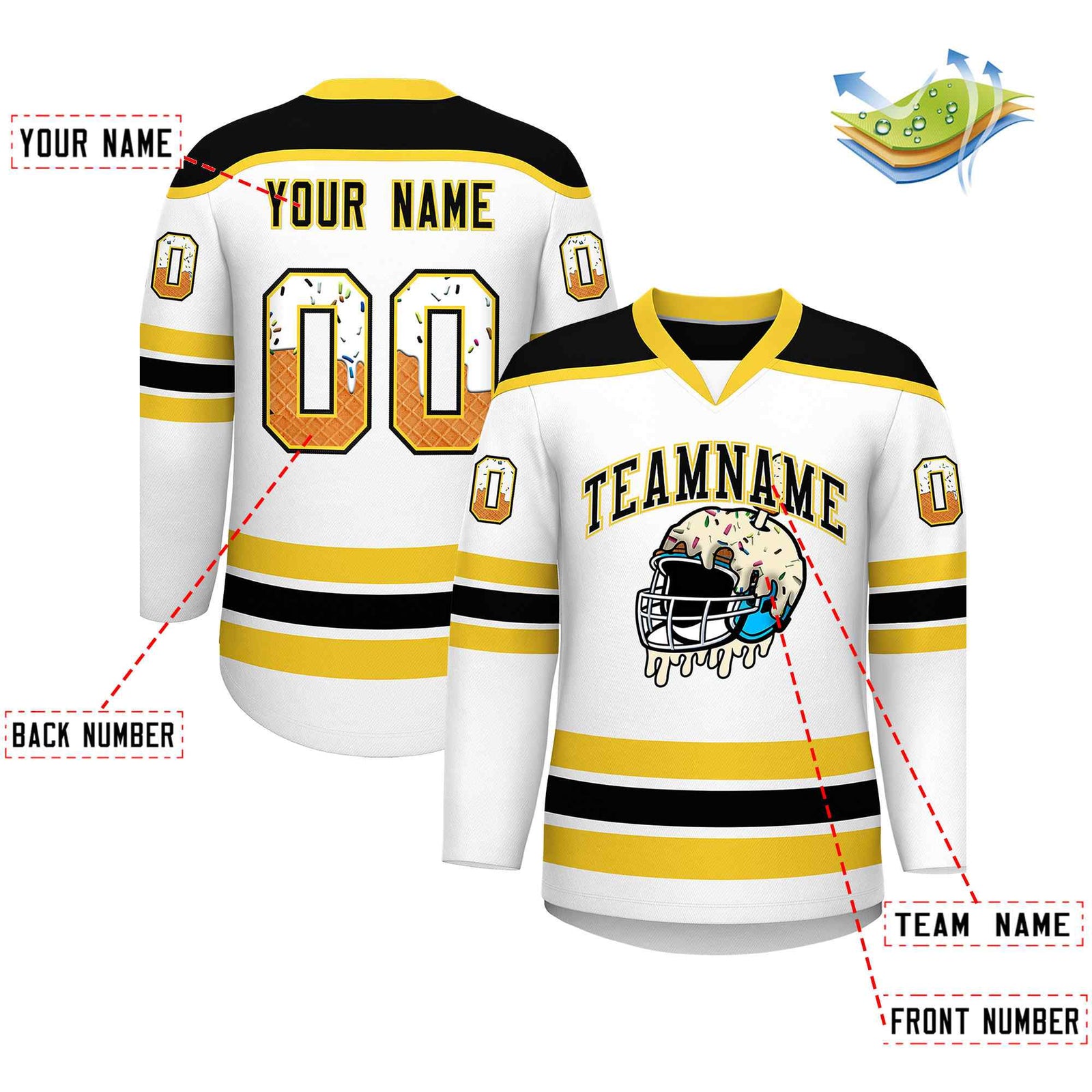 Custom White Gold Ice Cream Helmet Pattern Personalized V-Neck Hockey Jersey