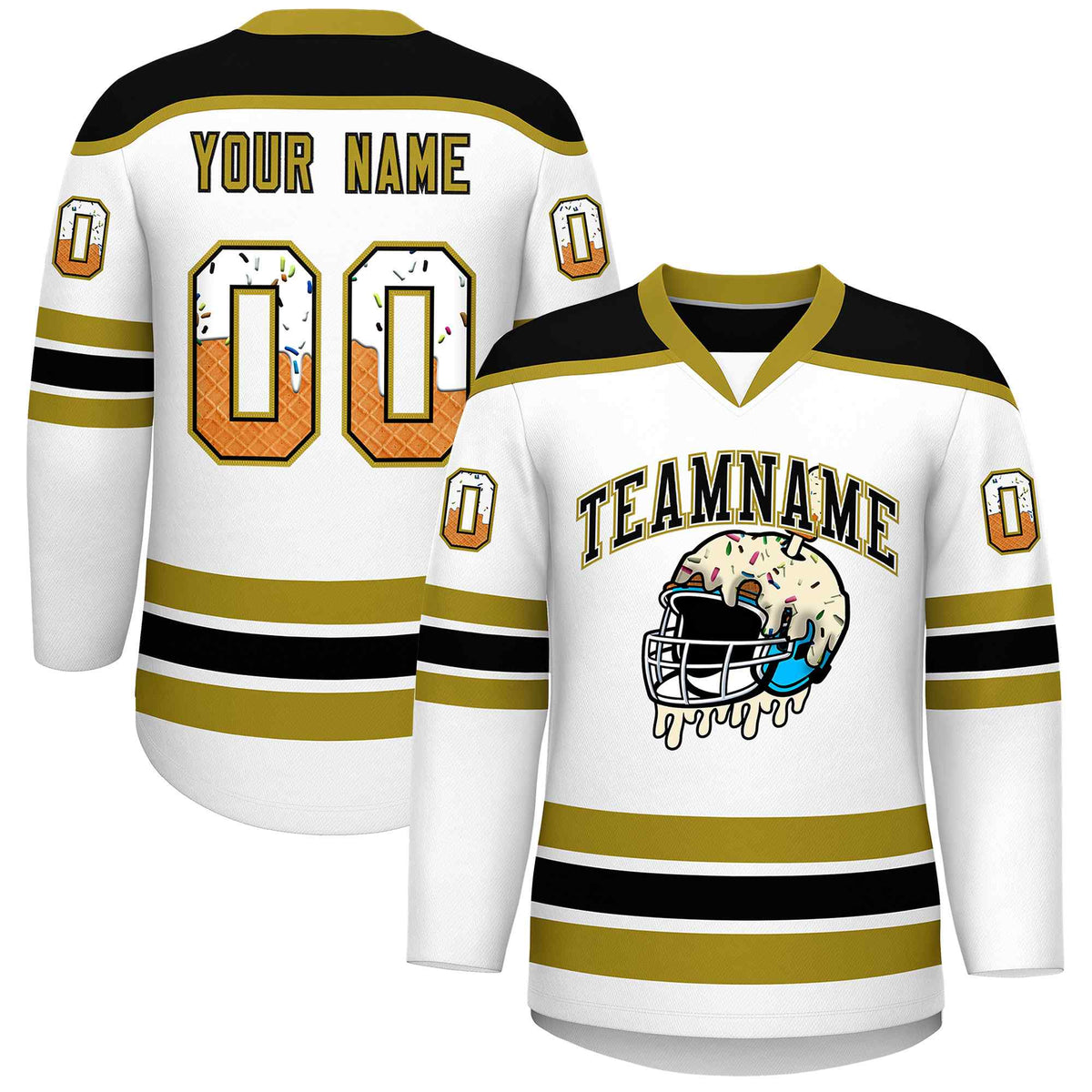 Custom White Old Gold Ice Cream Helmet Pattern Personalized V-Neck Hockey Jersey