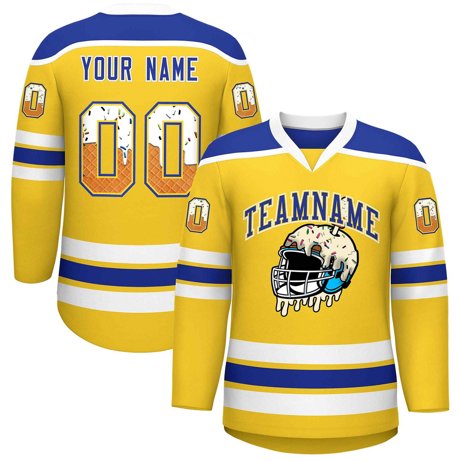 Custom Gold Royal Blue Ice Cream Helmet Pattern Personalized V-Neck Hockey Jersey