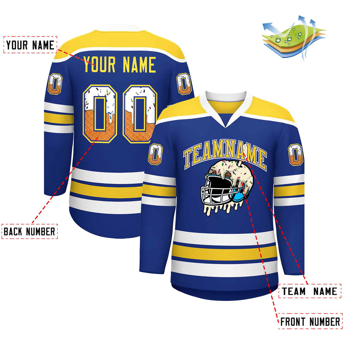 Custom Royal Blue Gold Ice Cream Helmet Pattern Personalized V-Neck Hockey Jersey