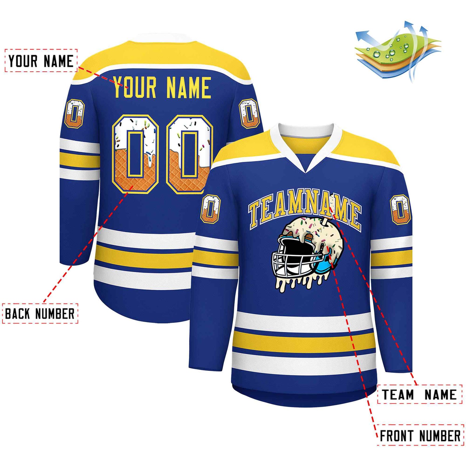 Custom Royal Blue Gold Ice Cream Helmet Pattern Personalized V-Neck Hockey Jersey