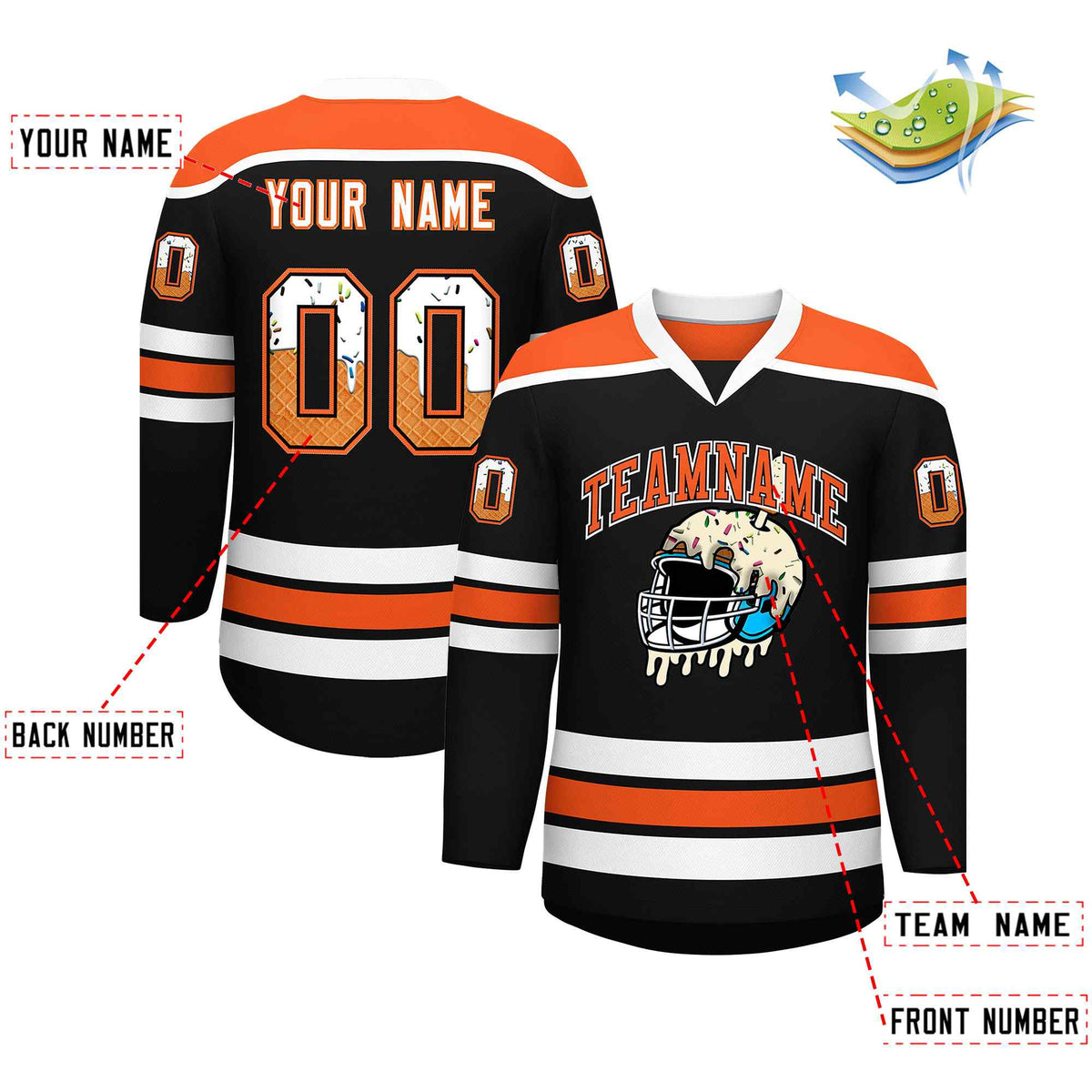 Custom Black Orange Ice Cream Helmet Pattern Personalized V-Neck Hockey Jersey