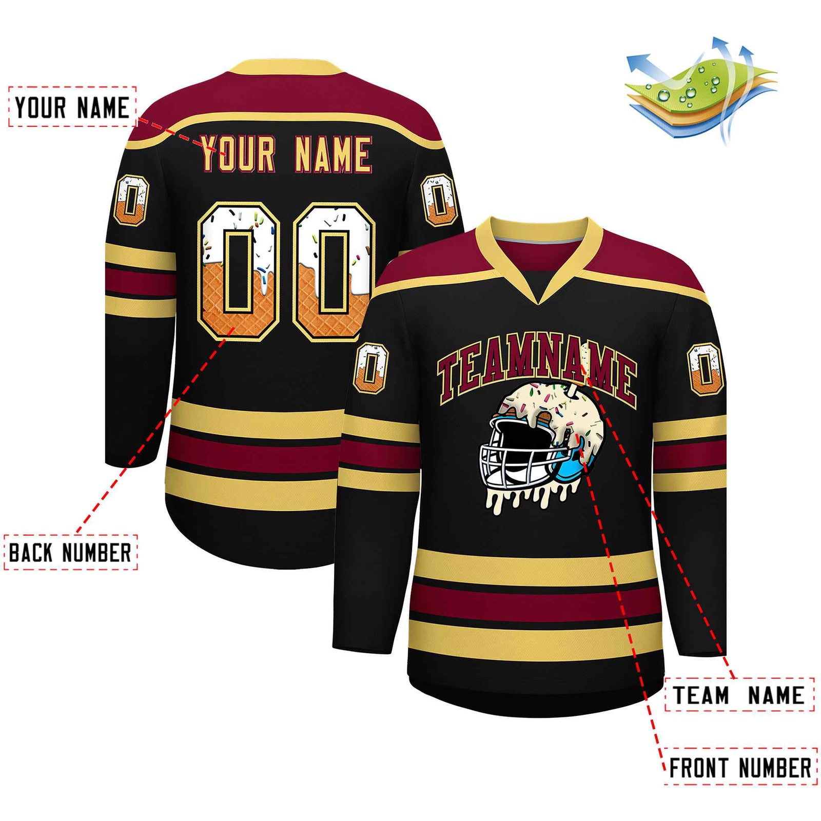 Custom Black Khaki Ice Cream Helmet Pattern Personalized V-Neck Hockey Jersey