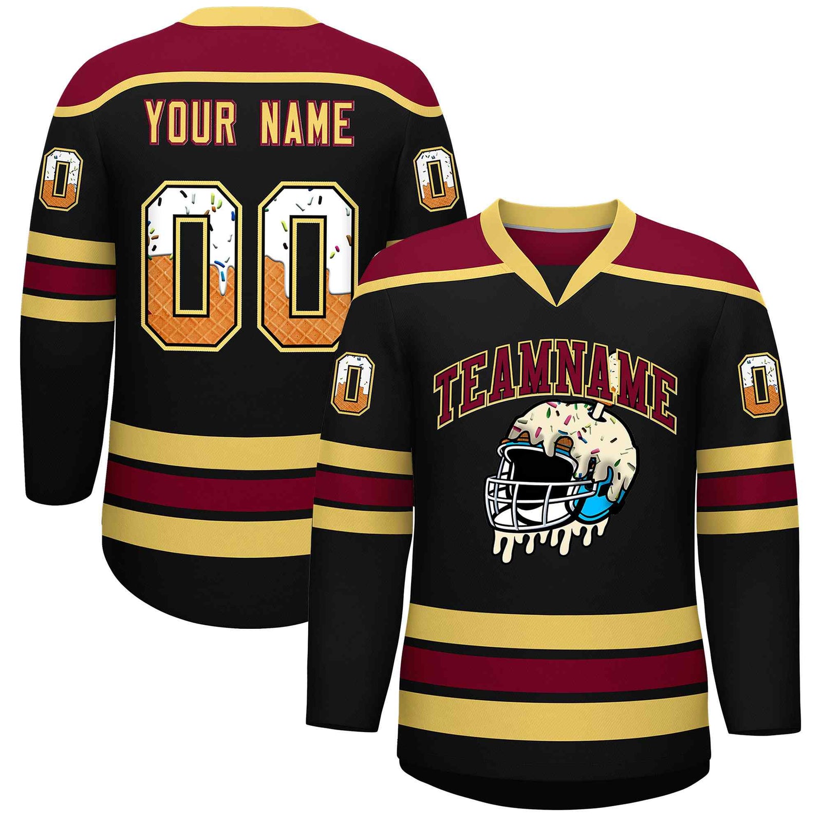 Custom Black Khaki Ice Cream Helmet Pattern Personalized V-Neck Hockey Jersey