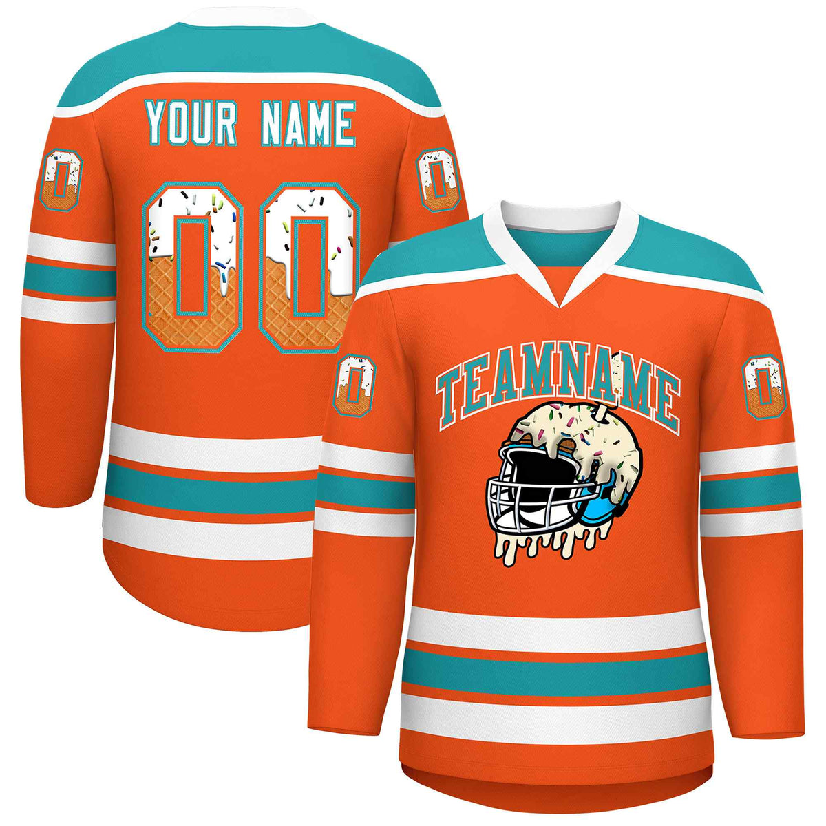Custom Orange Aqua Ice Cream Helmet Pattern Personalized V-Neck Hockey Jersey