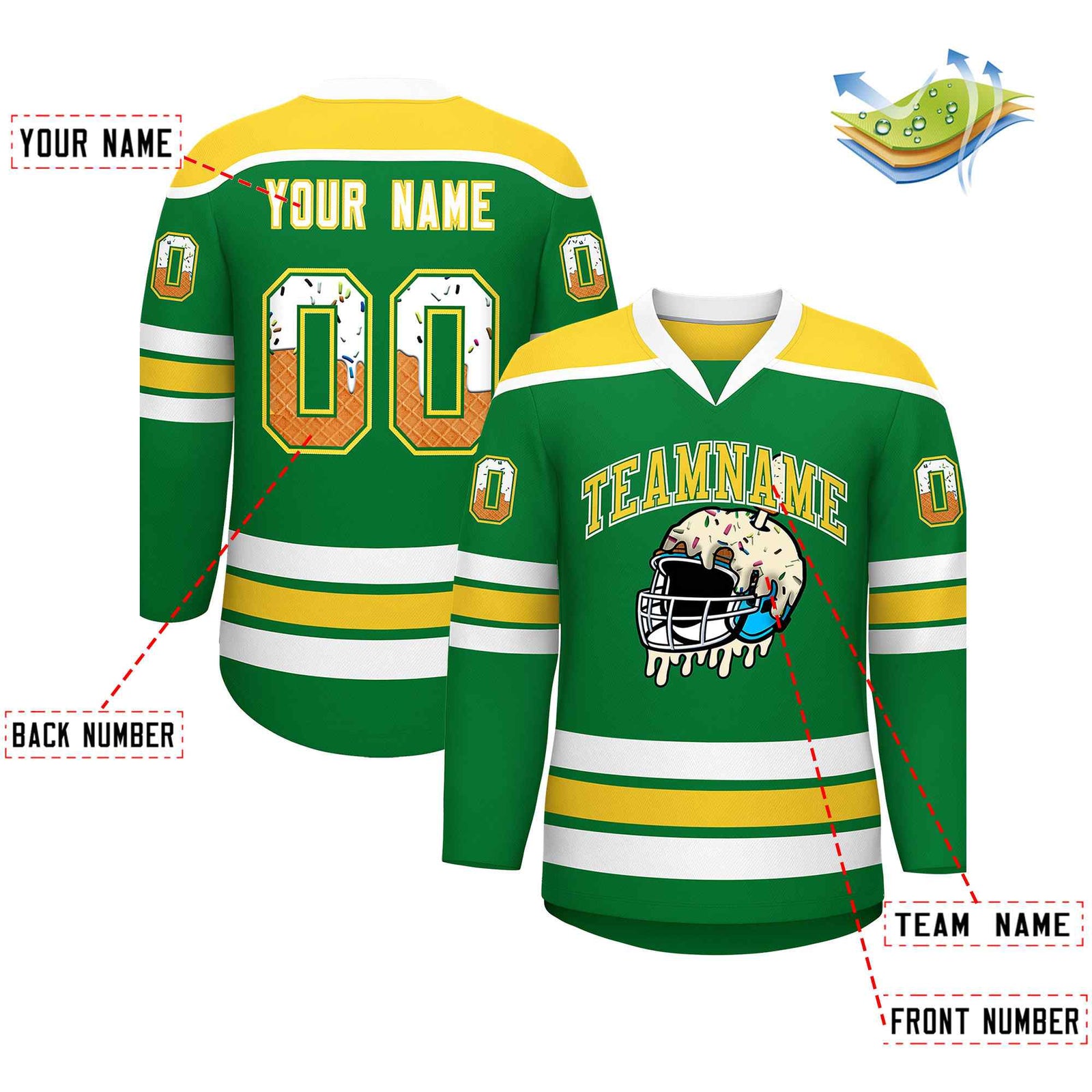 Custom Kelly Green Gold Ice Cream Helmet Pattern Personalized V-Neck Hockey Jersey