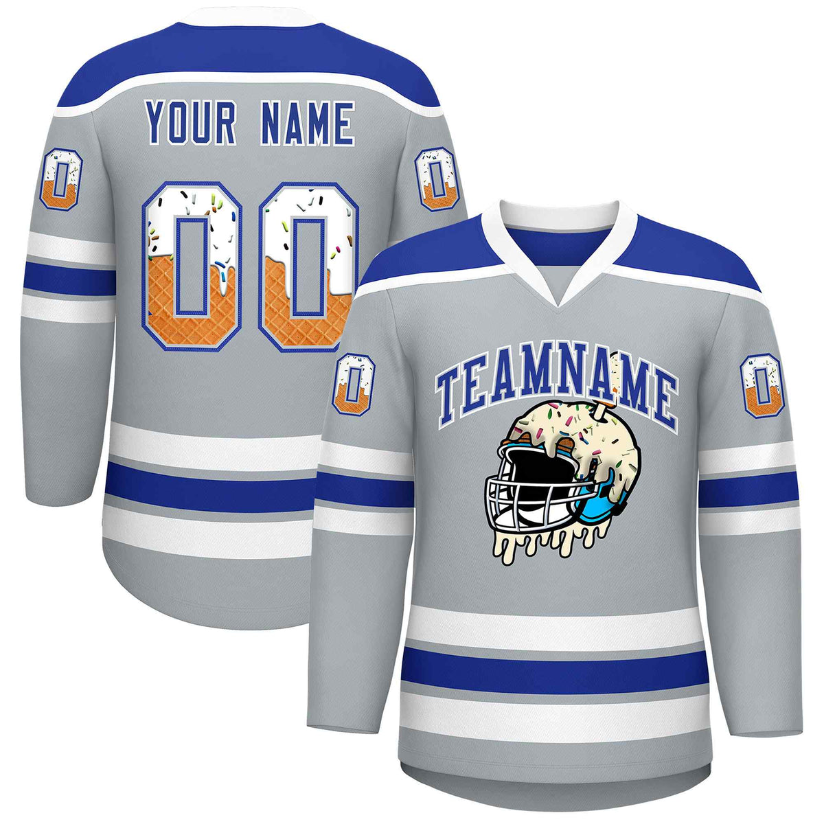 Custom Silver Royal Blue Ice Cream Helmet Pattern Personalized V-Neck Hockey Jersey
