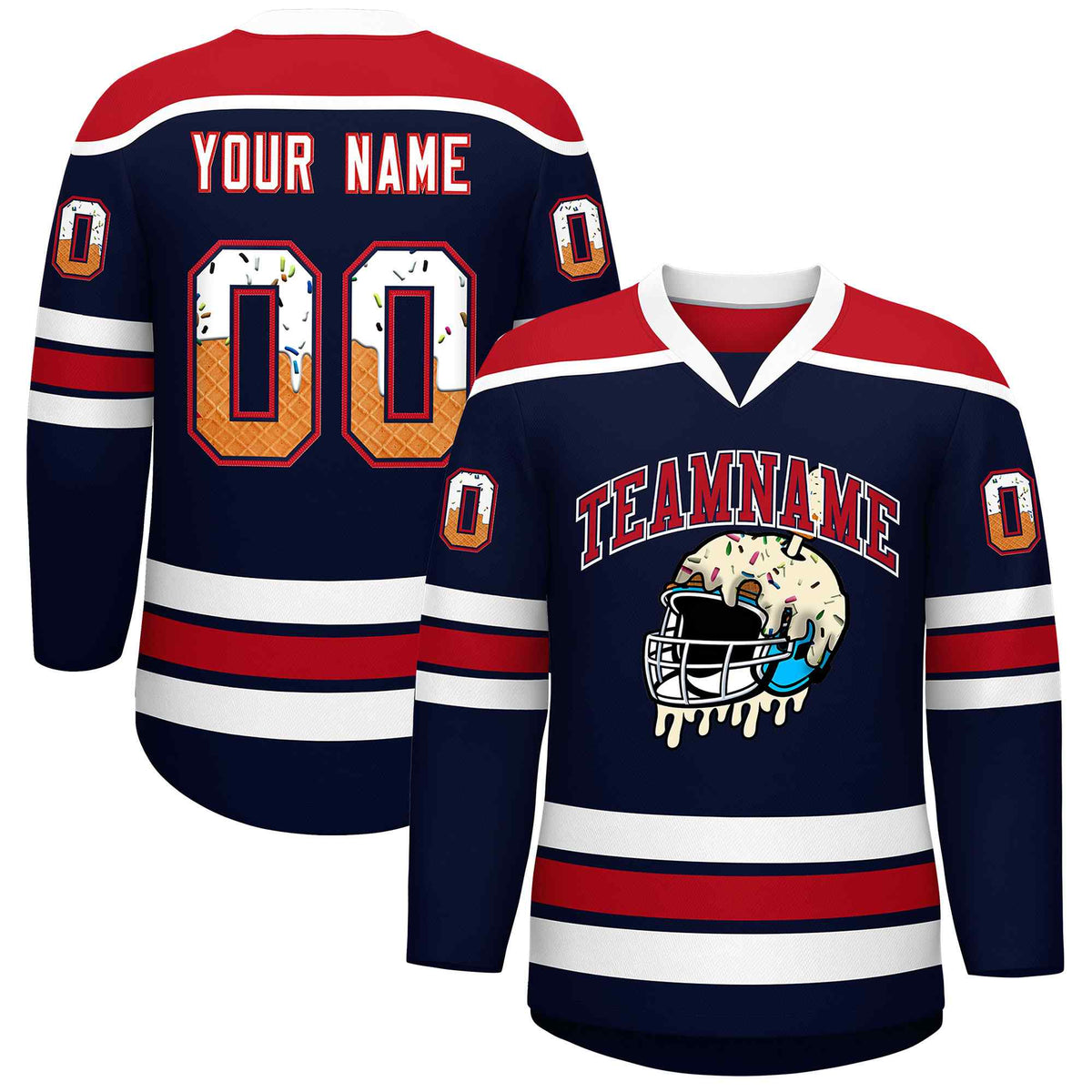 Custom Navy Red Ice Cream Helmet Pattern Personalized V-Neck Hockey Jersey
