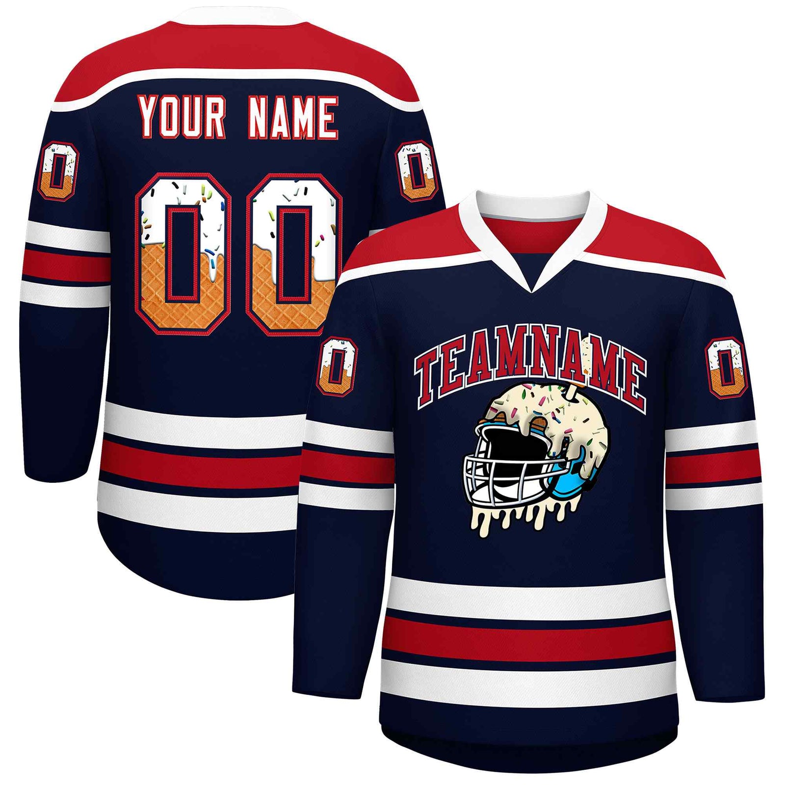 Custom Navy Red Ice Cream Helmet Pattern Personalized V-Neck Hockey Jersey
