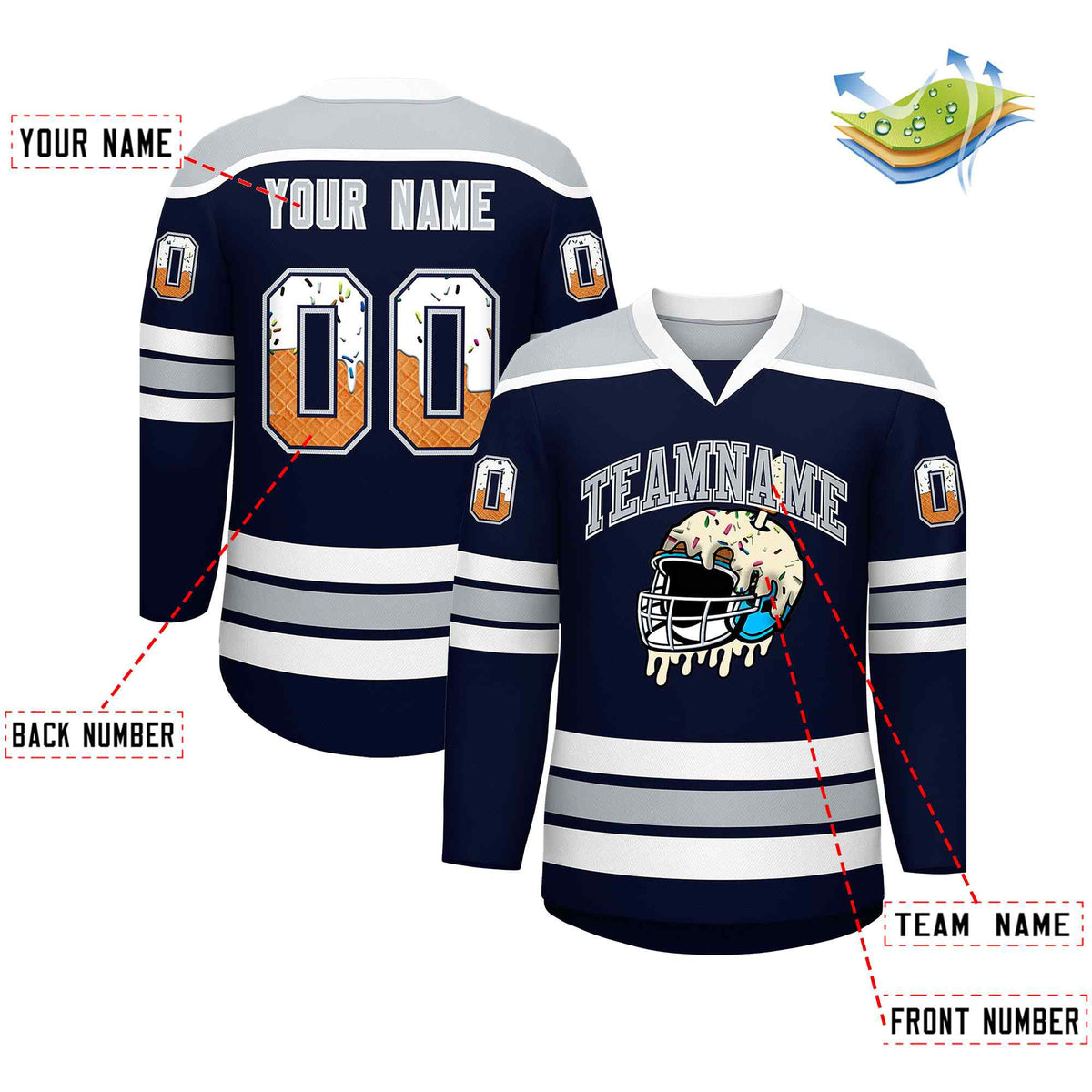 Custom Navy Silver Ice Cream Helmet Pattern Personalized V-Neck Hockey Jersey