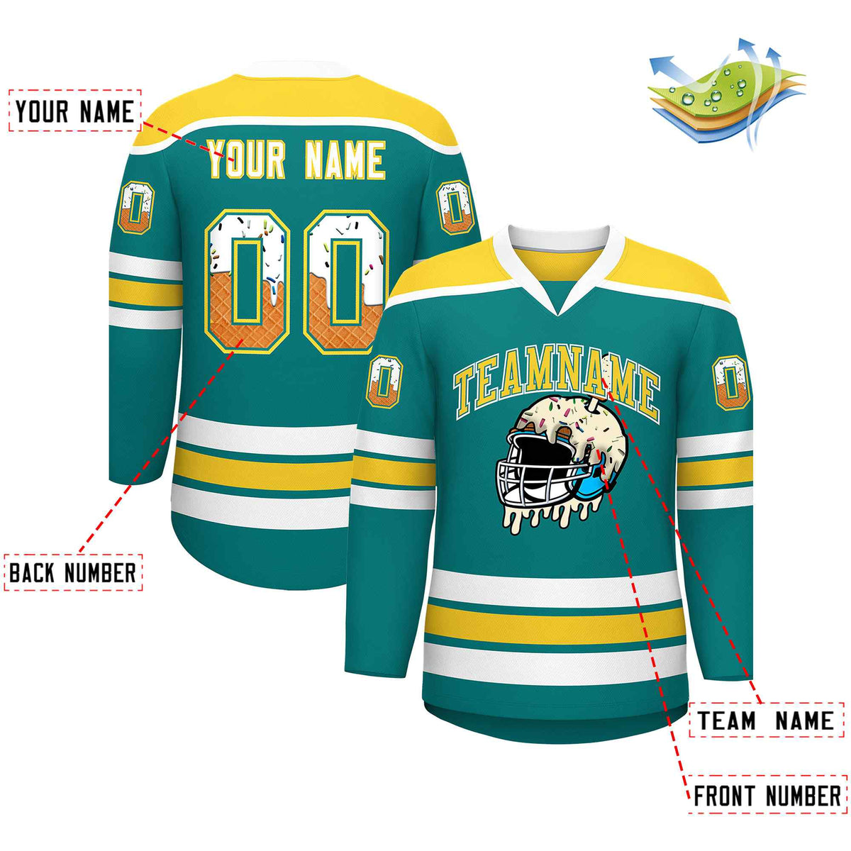 Custom Teal Gold Ice Cream Helmet Pattern Personalized V-Neck Hockey Jersey