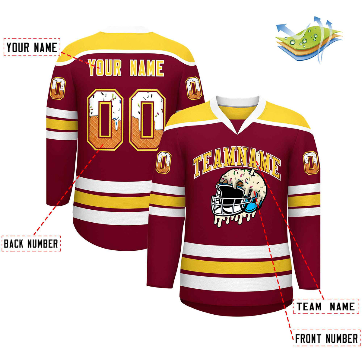 Custom Crimson Gold Ice Cream Helmet Pattern Personalized V-Neck Hockey Jersey