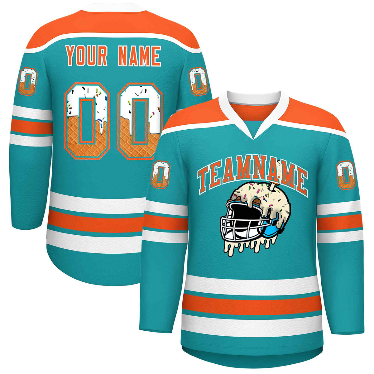 Custom Aqua Orange Ice Cream Helmet Pattern Personalized V-Neck Hockey Jersey