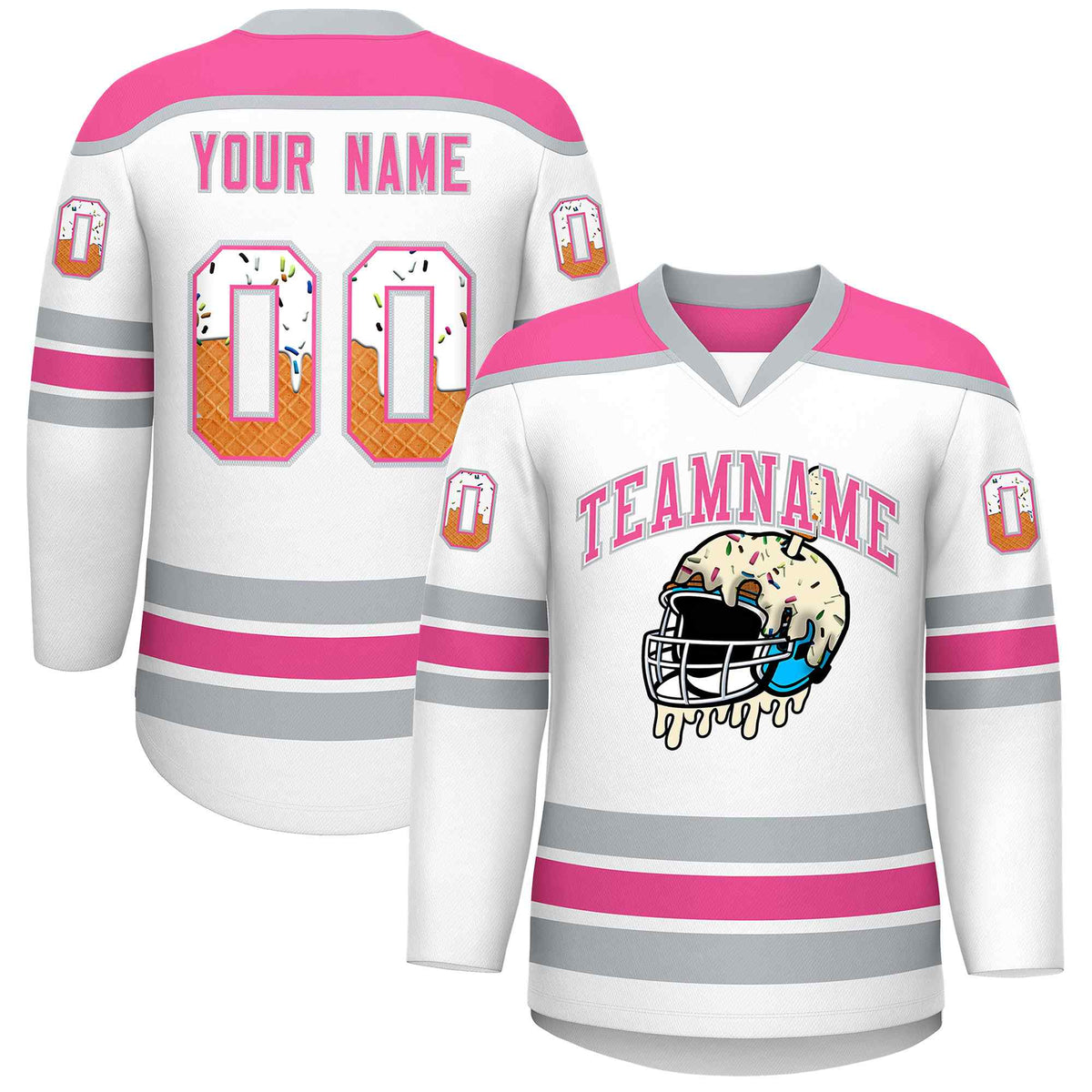 Custom White Pink Ice Cream Helmet Pattern Personalized V-Neck Hockey Jersey