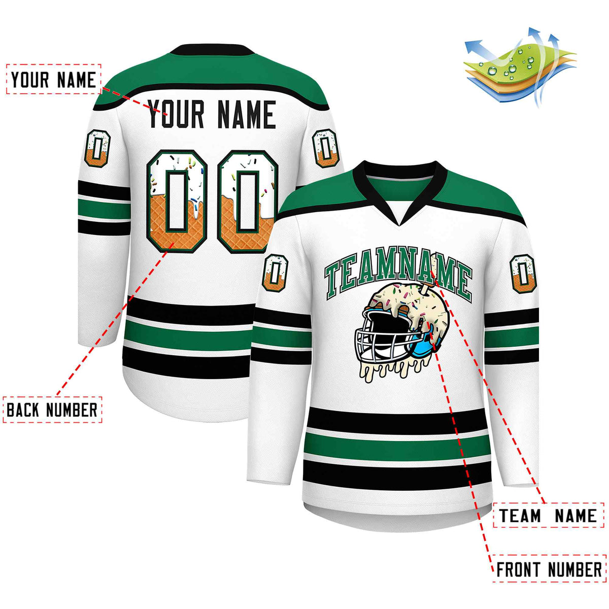Custom White Kelly Green Ice Cream Helmet Pattern Personalized V-Neck Hockey Jersey