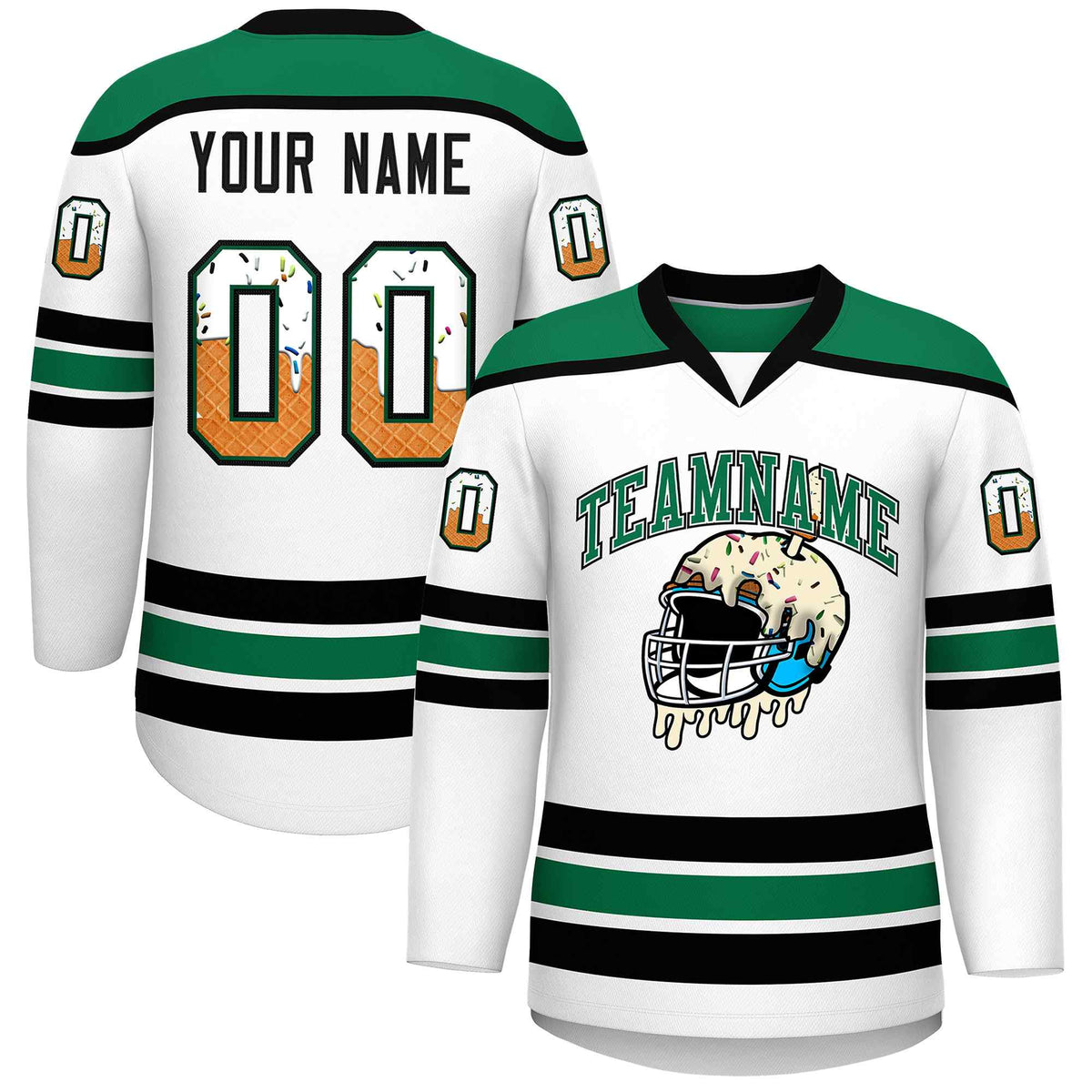 Custom White Kelly Green Ice Cream Helmet Pattern Personalized V-Neck Hockey Jersey