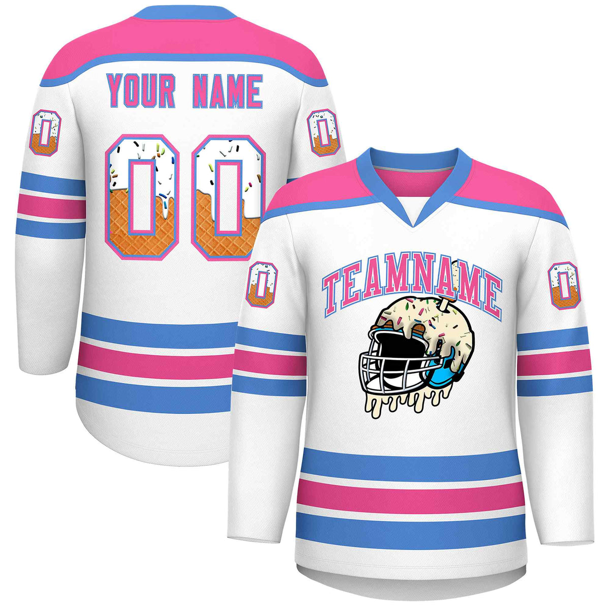 Custom White Pink Ice Cream Helmet Pattern Personalized V-Neck Hockey Jersey