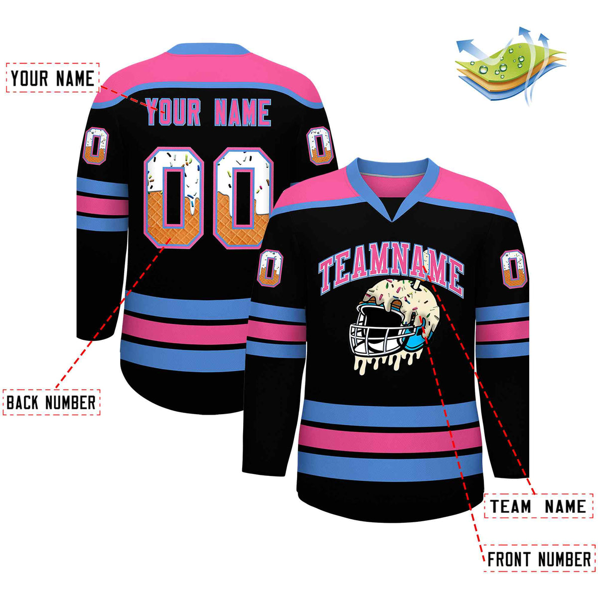 Custom Black Powder Blue Ice Cream Helmet Pattern Personalized V-Neck Hockey Jersey