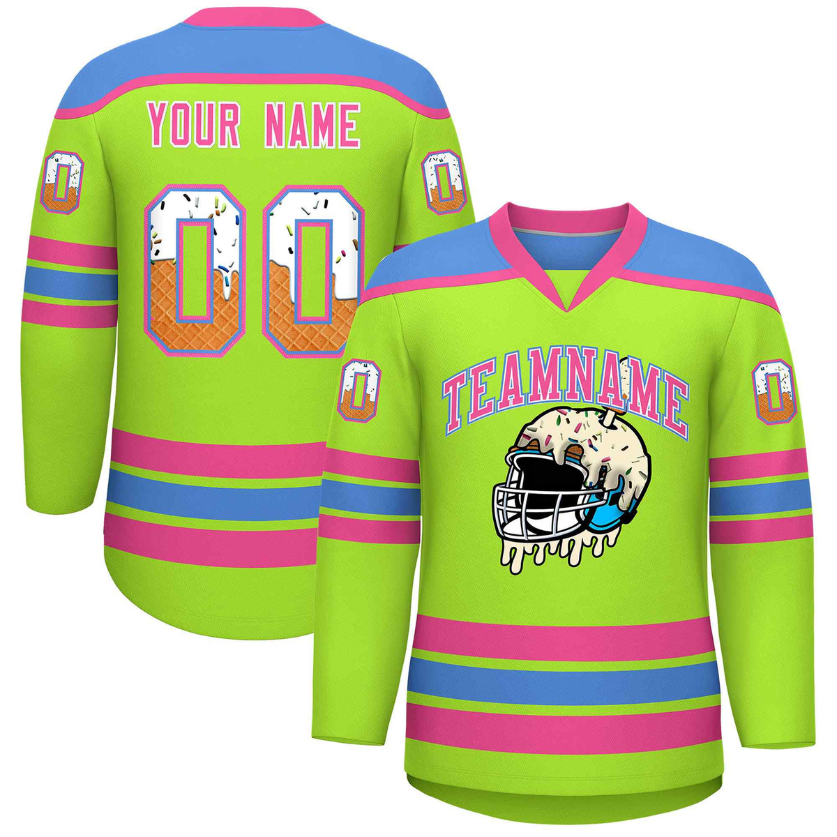 Custom Neon Green Powder Blue Ice Cream Helmet Pattern Personalized V-Neck Hockey Jersey