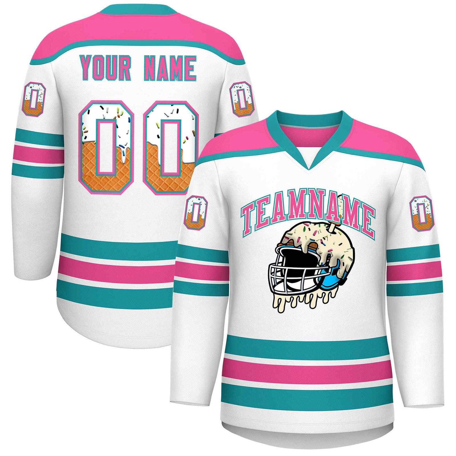 Custom White Pink Ice Cream Helmet Pattern Personalized V-Neck Hockey Jersey