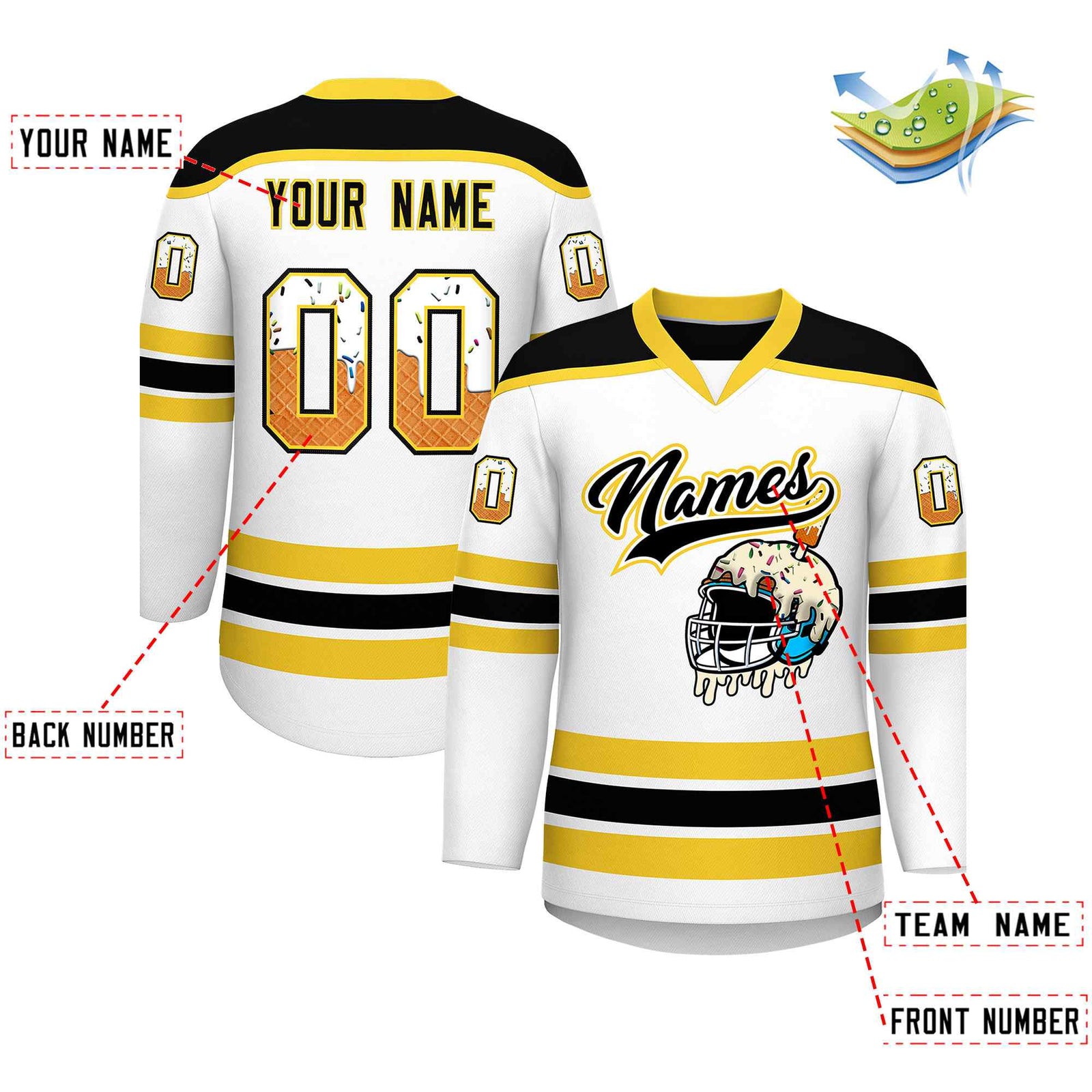 Custom White Gold Ice Cream Helmet Pattern Personalized V-Neck Hockey Jersey