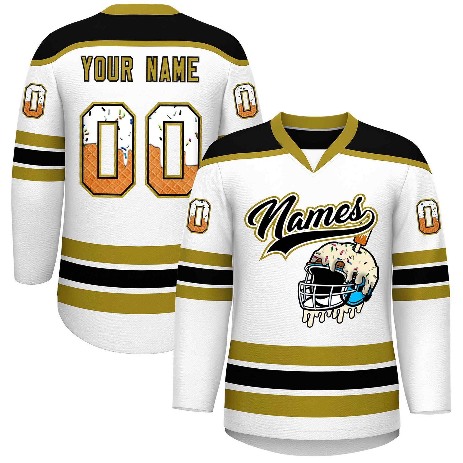 Custom White Old Gold Ice Cream Helmet Pattern Personalized V-Neck Hockey Jersey