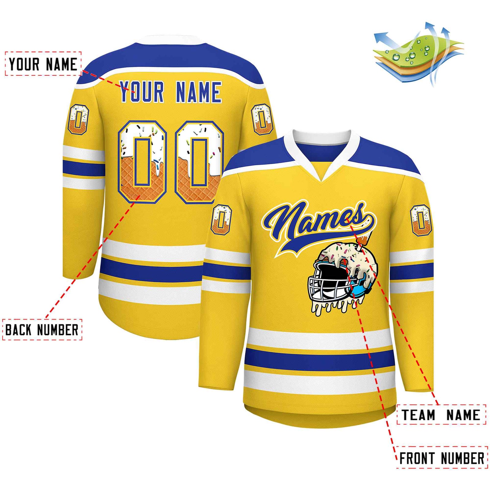 Custom Gold Royal Blue Ice Cream Helmet Pattern Personalized V-Neck Hockey Jersey