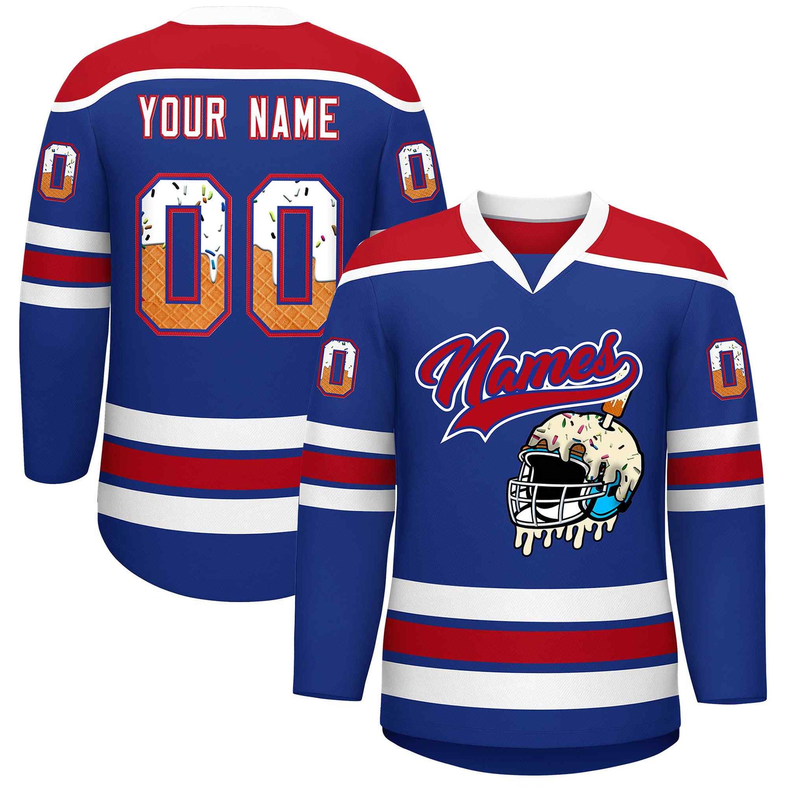 Custom Royal Blue Red Ice Cream Helmet Pattern Personalized V-Neck Hockey Jersey