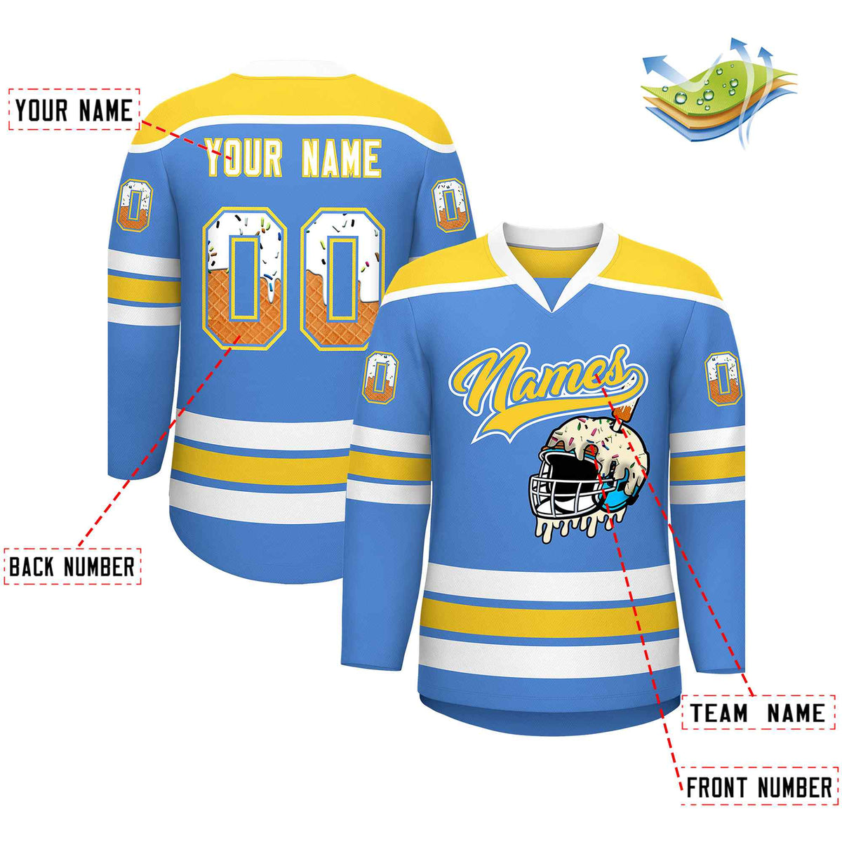 Custom Powder Blue Gold Ice Cream Helmet Pattern Personalized V-Neck Hockey Jersey