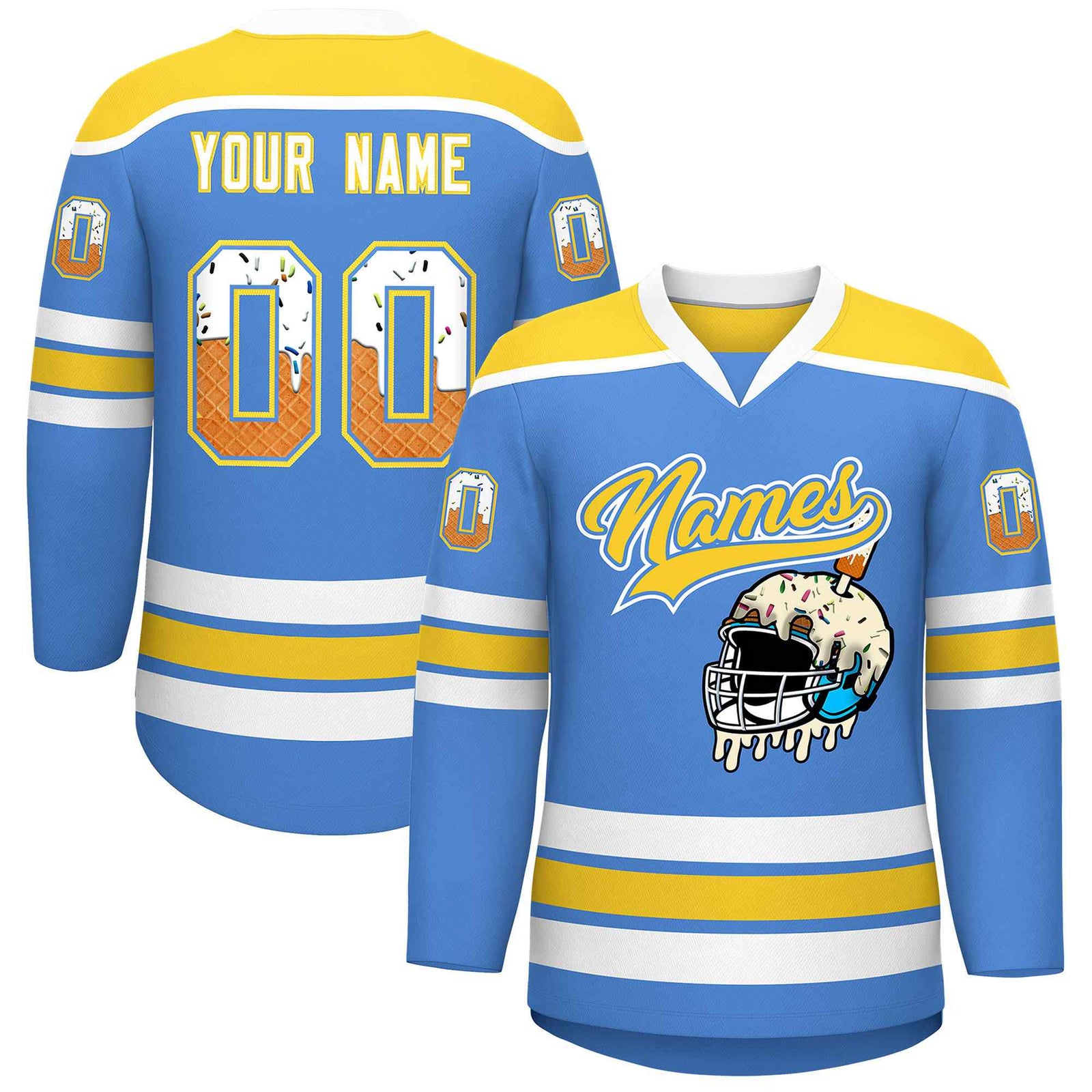 Custom Powder Blue Gold Ice Cream Helmet Pattern Personalized V-Neck Hockey Jersey