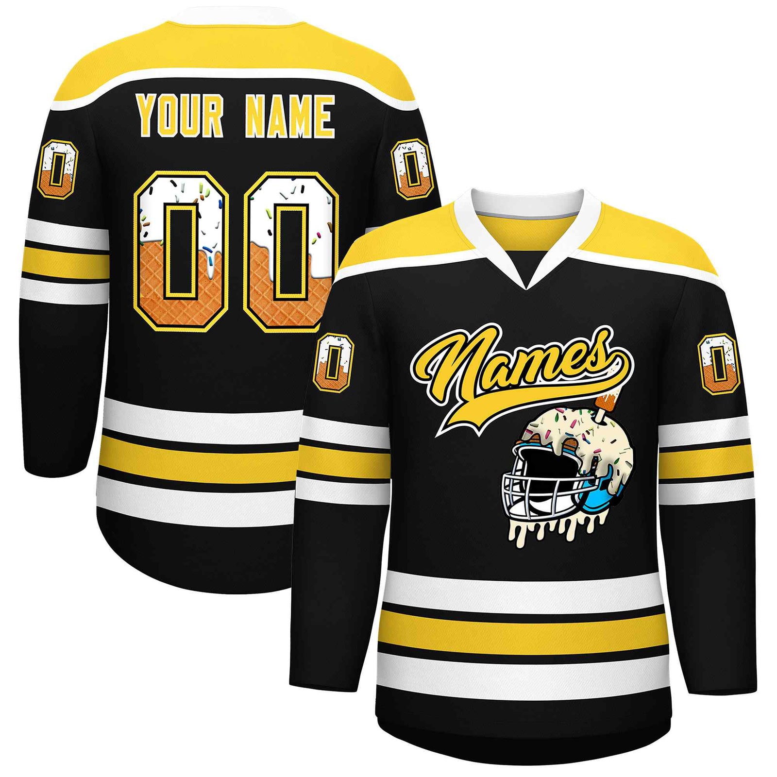 Custom Black Gold Ice Cream Helmet Pattern Personalized V-Neck Hockey Jersey