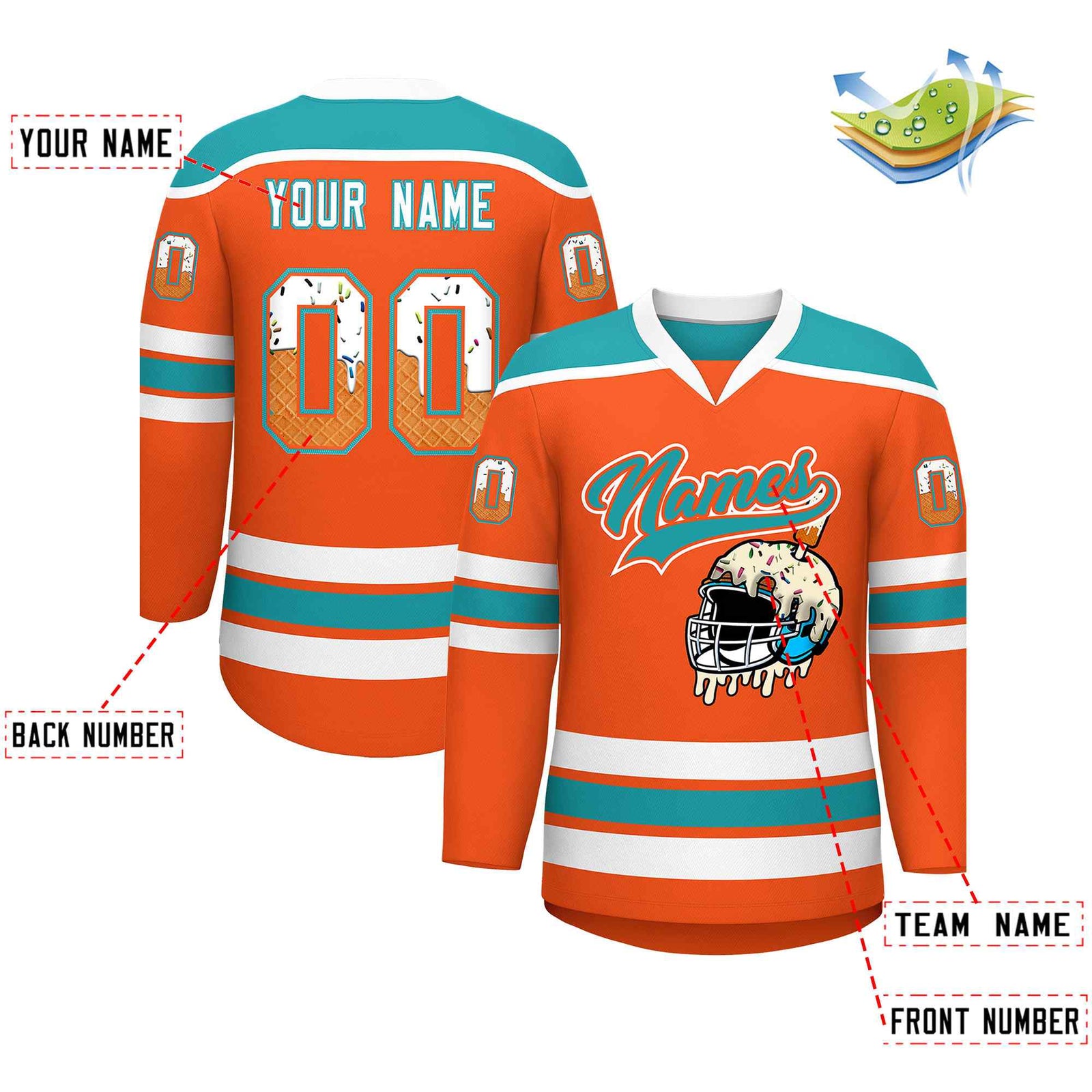 Custom Orange Aqua Ice Cream Helmet Pattern Personalized V-Neck Hockey Jersey