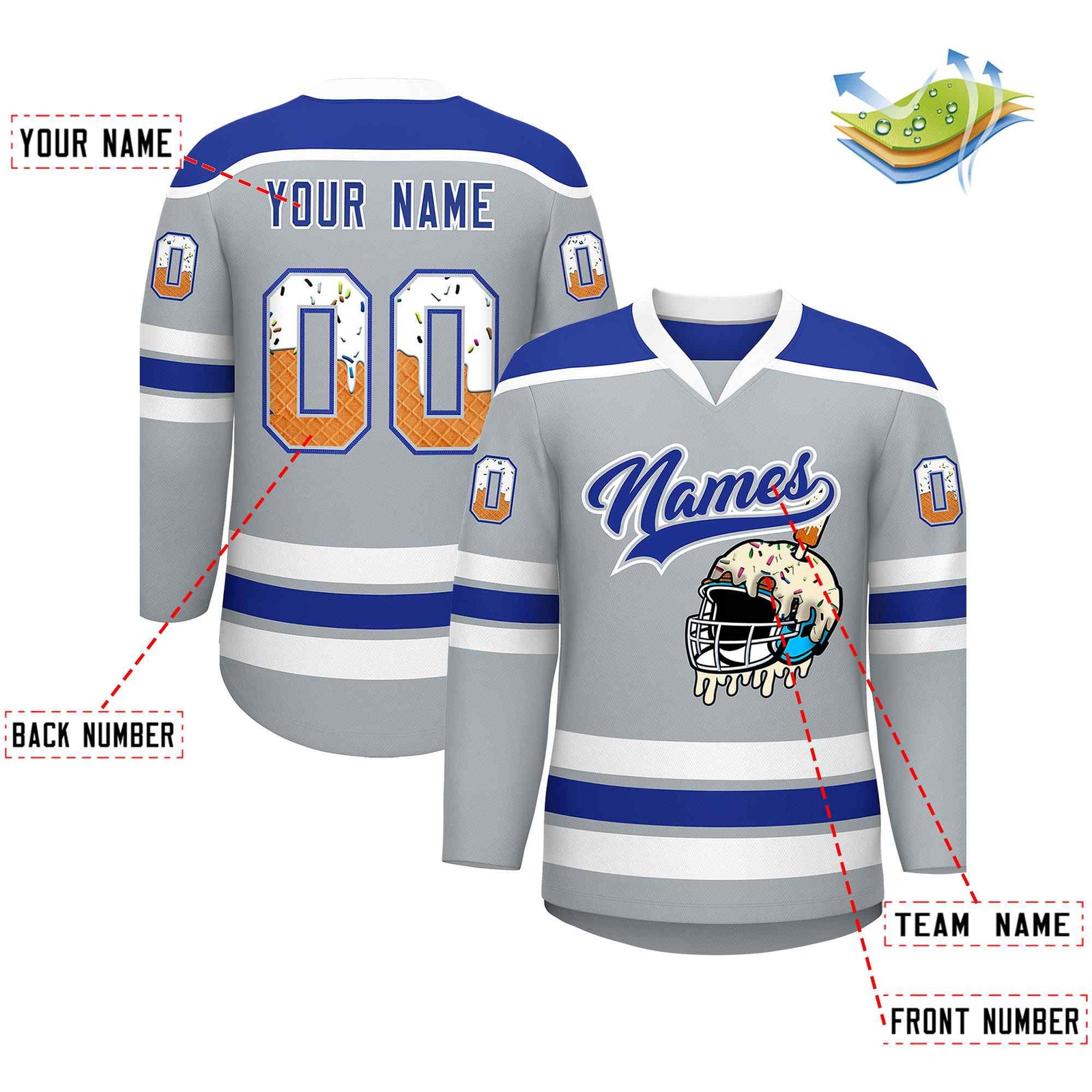 Custom Silver Royal Blue Ice Cream Helmet Pattern Personalized V-Neck Hockey Jersey