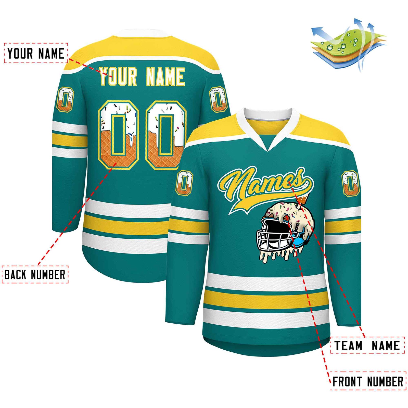 Custom Teal Gold Ice Cream Helmet Pattern Personalized V-Neck Hockey Jersey