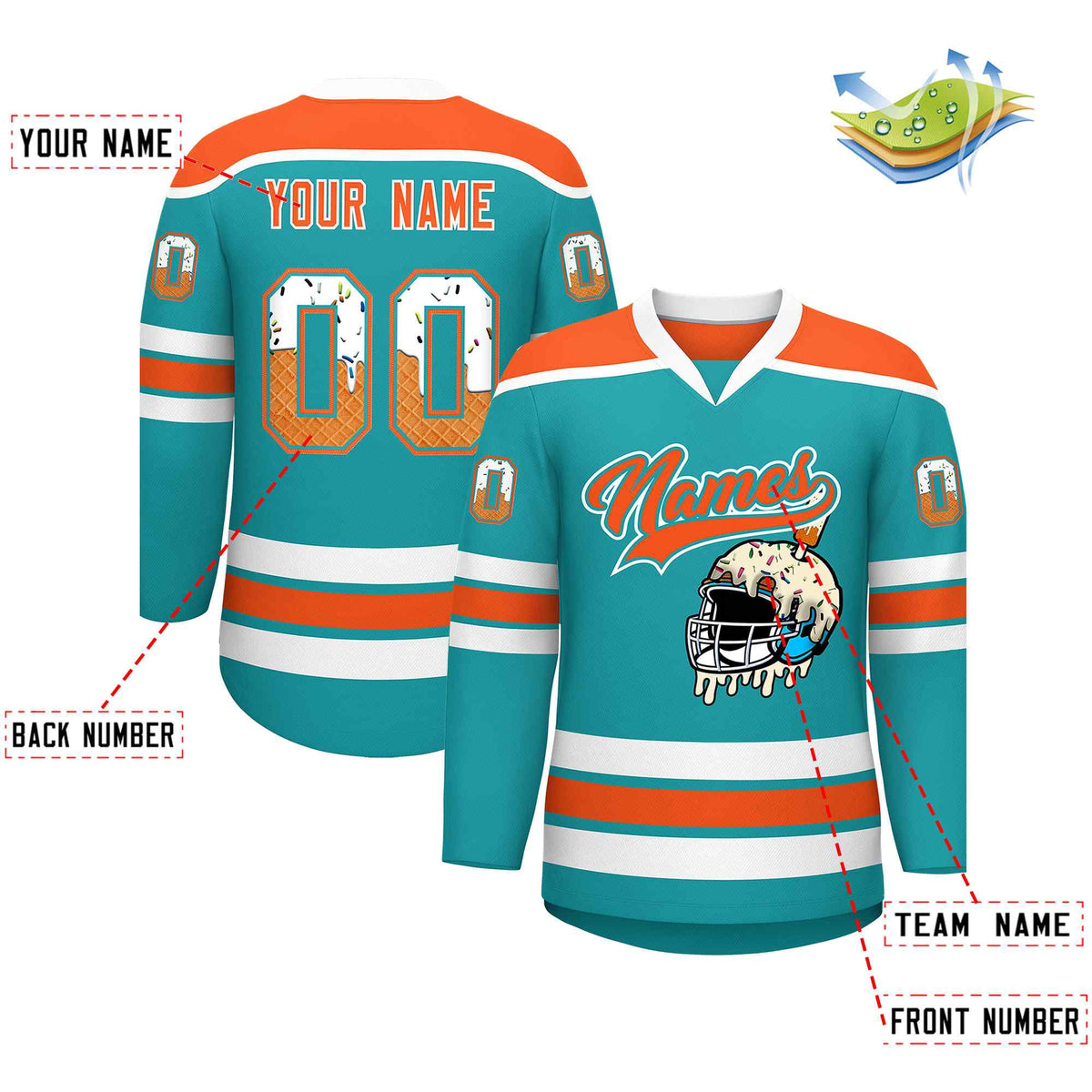 Custom Aqua Orange Ice Cream Helmet Pattern Personalized V-Neck Hockey Jersey