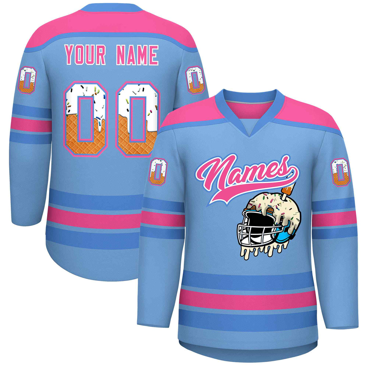 Custom Light Blue Pink Ice Cream Helmet Pattern Personalized V-Neck Hockey Jersey