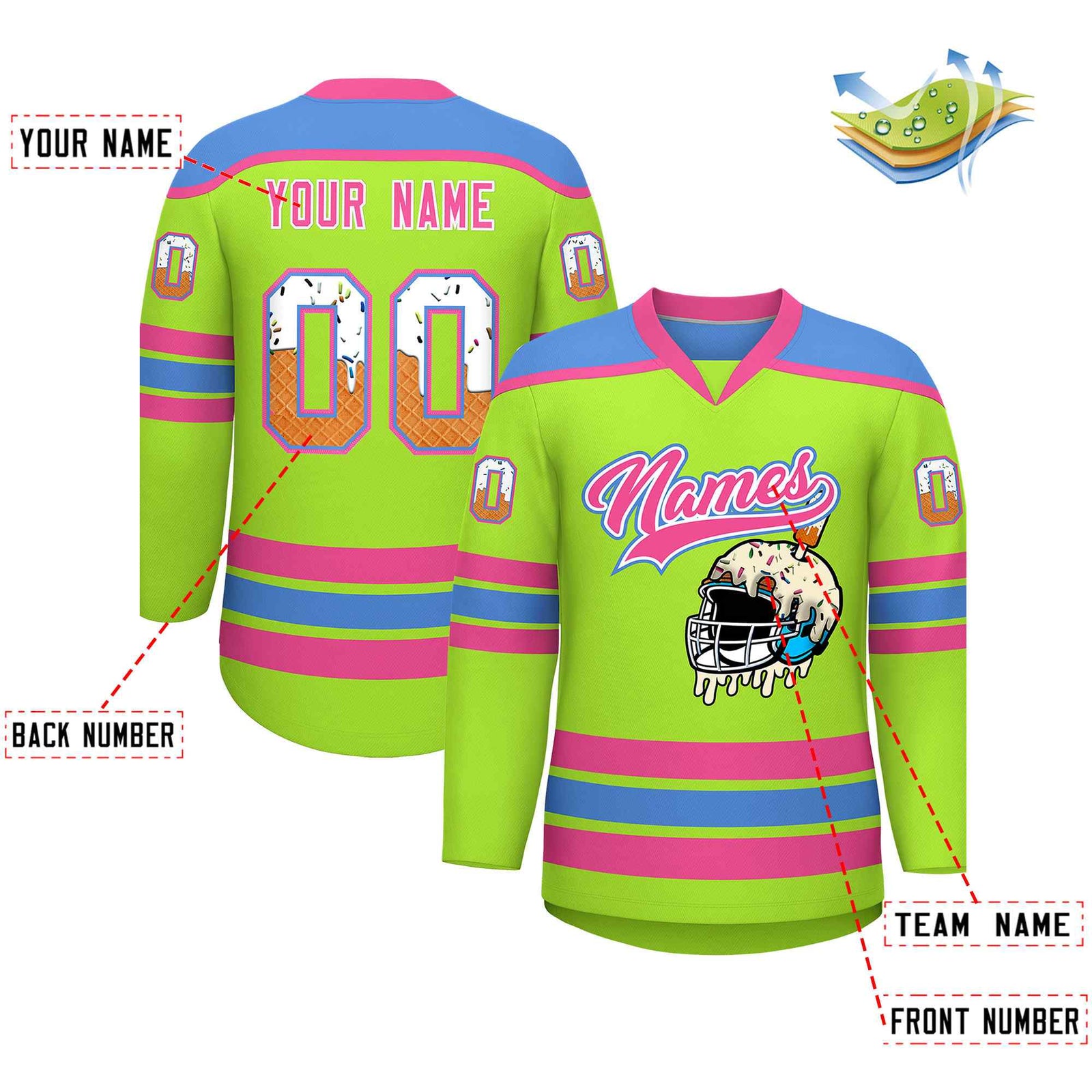 Custom Neon Green Powder Blue Ice Cream Helmet Pattern Personalized V-Neck Hockey Jersey