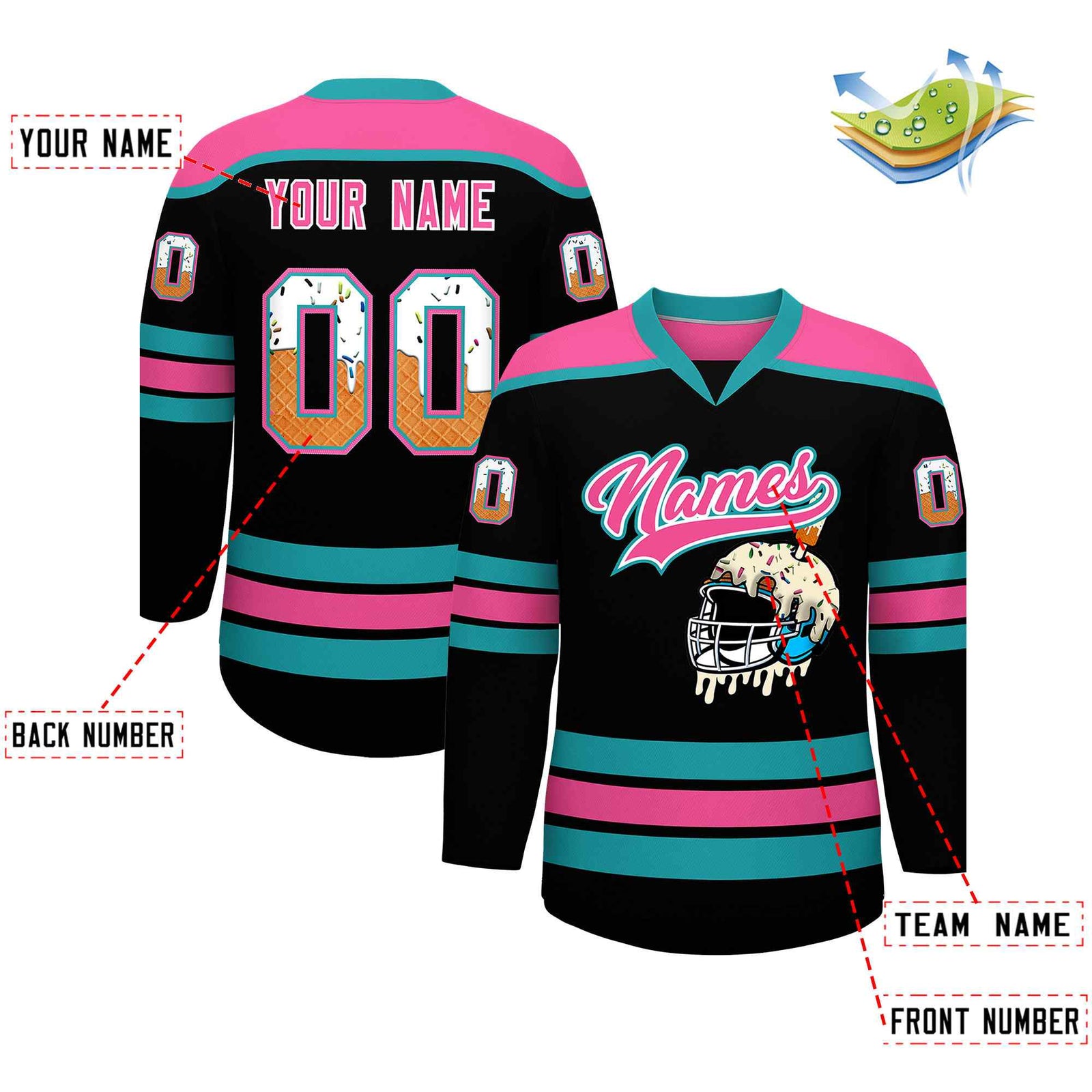 Custom Black Pink Ice Cream Helmet Pattern Personalized V-Neck Hockey Jersey