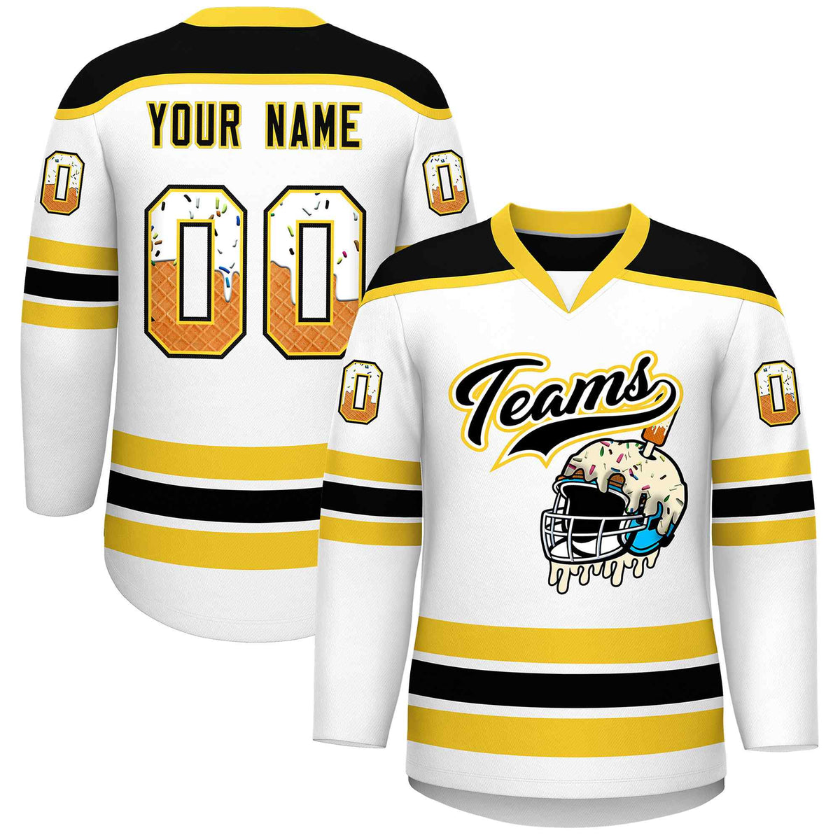 Custom White Gold Ice Cream Helmet Pattern Personalized V-Neck Hockey Jersey