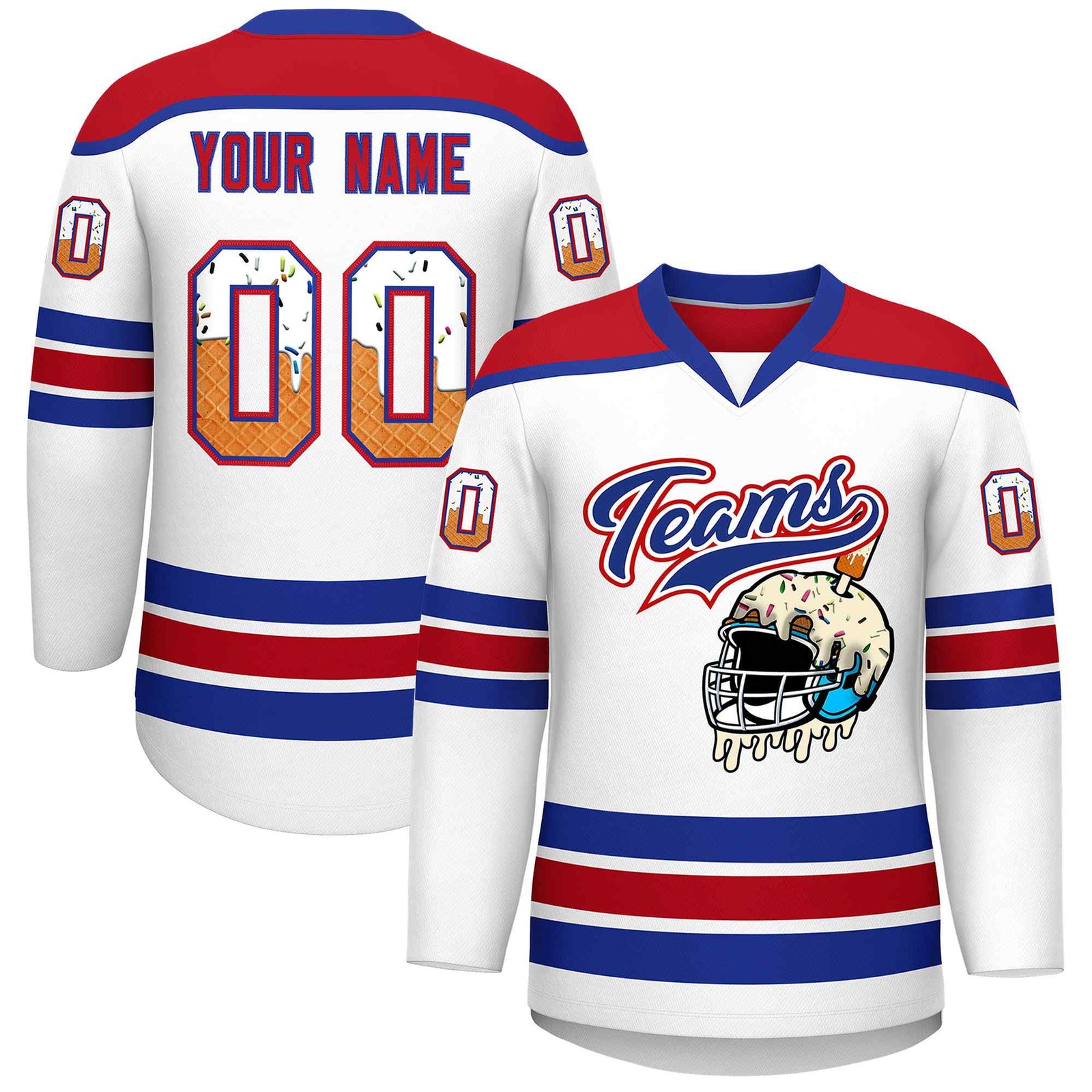 Custom White Royal Blue Ice Cream Helmet Pattern Personalized V-Neck Hockey Jersey
